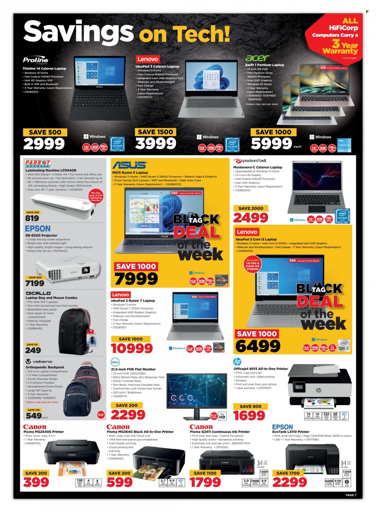 HiFiCorp catalogue  - 21/11/2022 - 28/11/2022 - Sales products - Dell, Intel, Acer, Asus, Lenovo, Hewlett Packard, webcam, Parrot, laptop, hd graphics, mouse, Radeon, AMD Radeon, monitor, Canon, camera, projector, Epson, Volkano, roller, all-in-one printer, ink printer, printer, HP OfficeJet. Page 7.