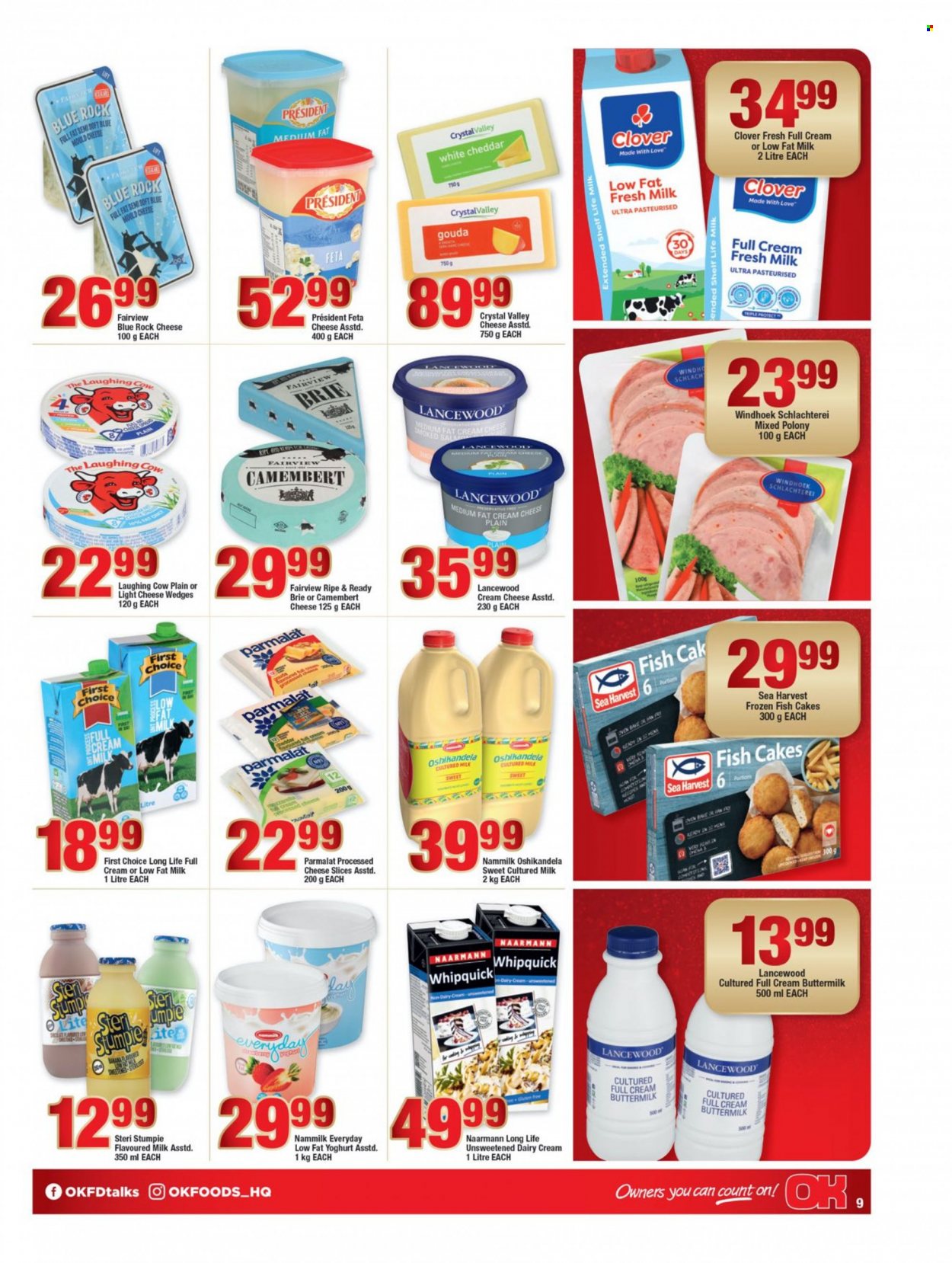 thumbnail - OK catalogue  - 21/11/2022 - 11/12/2022 - Sales products - fish, Sea Harvest, polony, camembert, cream cheese, gouda, mozzarella, sliced cheese, cheddar, brie, cheese, The Laughing Cow, Lancewood, Président, feta, yoghurt, Clover, Parmalat, buttermilk, flavoured milk, Steri Stumpie, fish cake. Page 8.