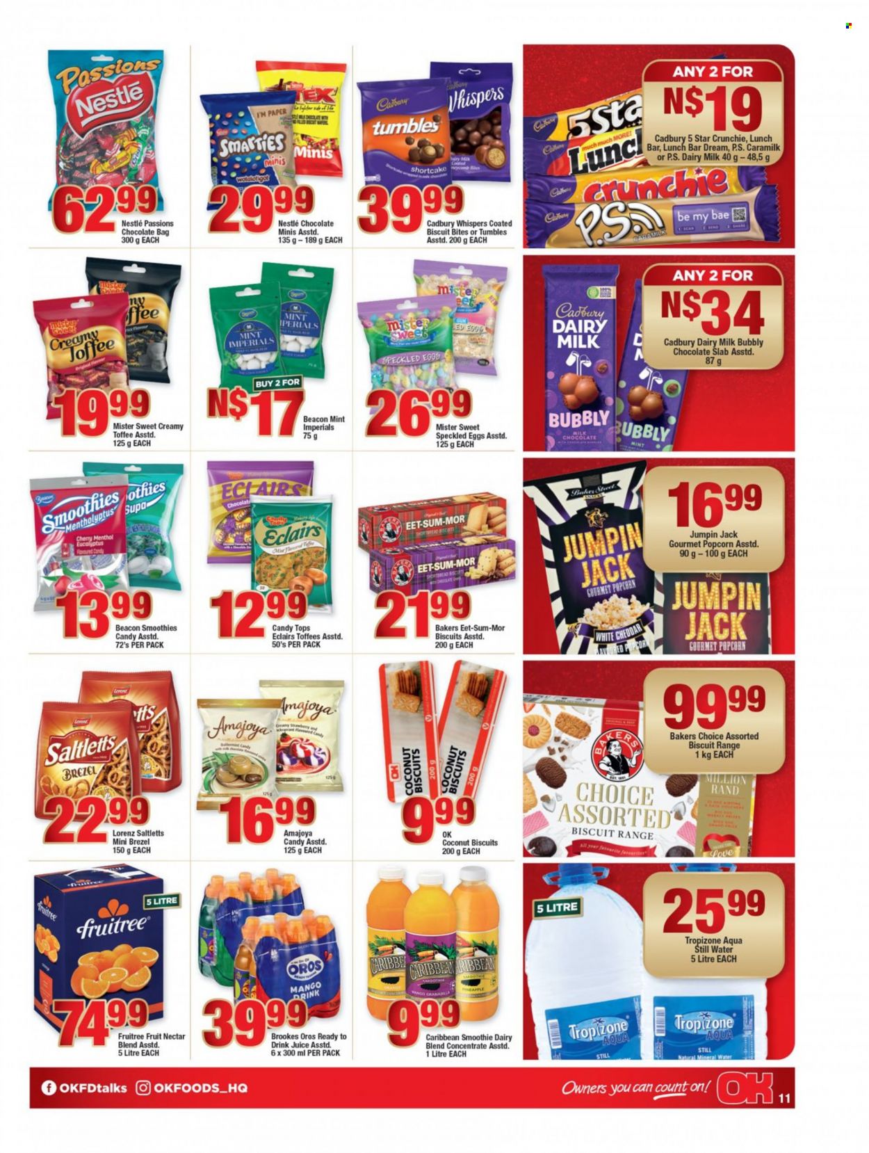 thumbnail - OK catalogue  - 21/11/2022 - 11/12/2022 - Sales products - pineapple, cherries, cheddar, cheese, dairy blend, eggs, milk chocolate, Nestlé, wafers, chocolate, snack, Toffees, toffee, tumbles, Smarties, biscuit, Cadbury, Dairy Milk, popcorn, rice, juice, fruit nectar, Oros, smoothie, mineral water, bottled water. Page 10.