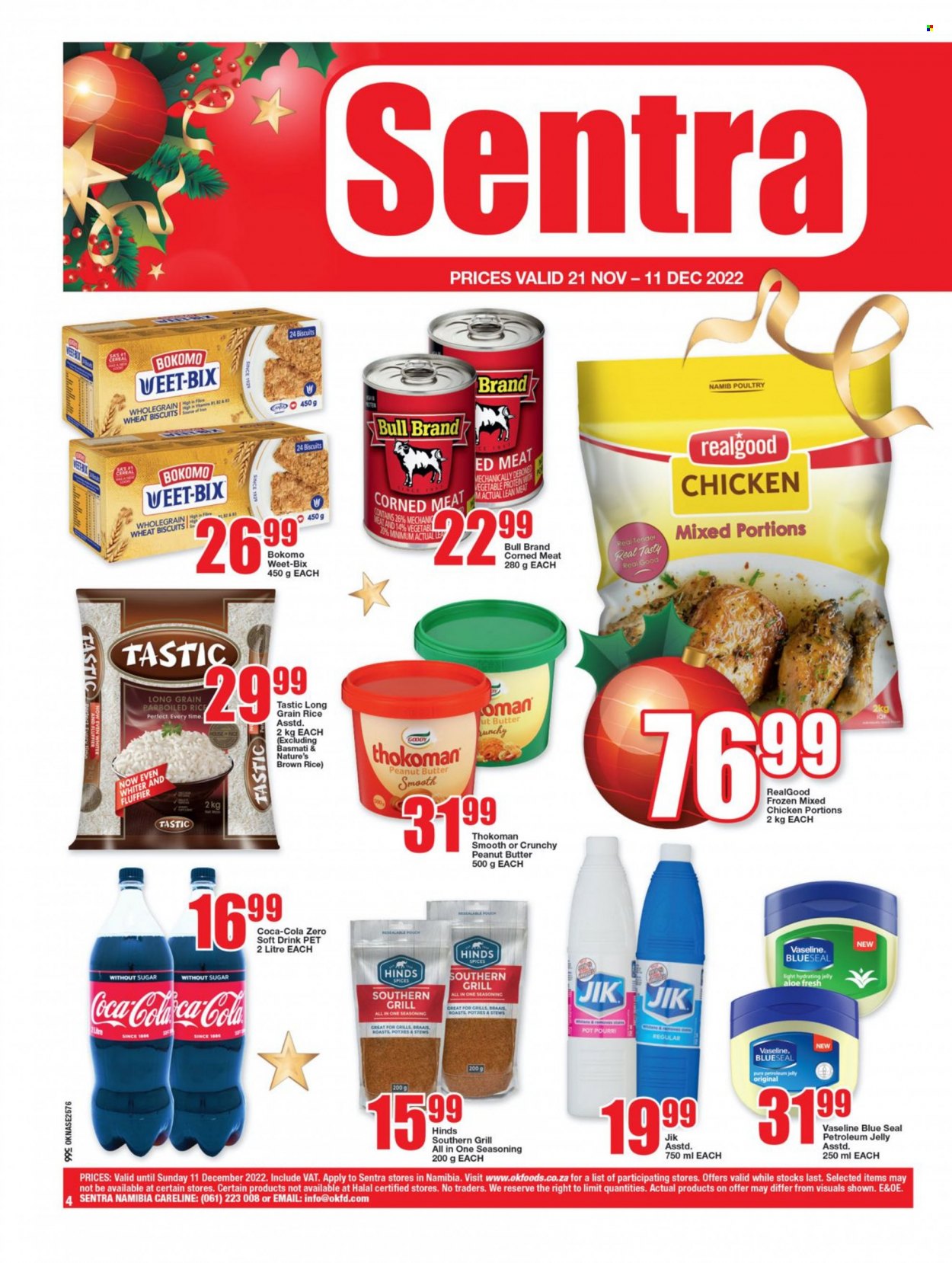 thumbnail - OK catalogue  - 21/11/2022 - 11/12/2022 - Sales products - cereal bar, biscuit, sugar, corned meat, Weet-Bix, basmati rice, brown rice, rice, parboiled rice, Tastic, long grain rice, spice, Hinds, peanut butter, Coca-Cola, soft drink, Coca-Cola zero. Page 3.