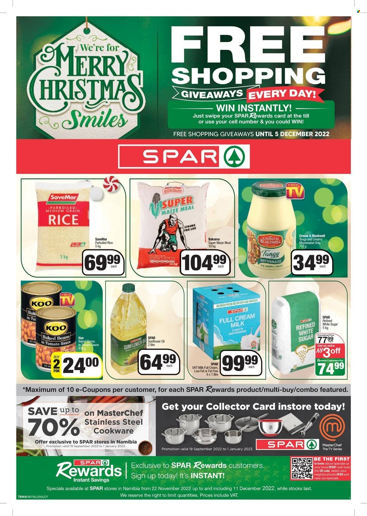 thumbnail - SPAR catalogue  - 22/11/2022 - 11/12/2022 - Sales products - beans, mayonnaise, sugar, maize meal, baked beans, Koo, rice, parboiled rice, medium grain rice, sunflower oil, oil. Page 1.