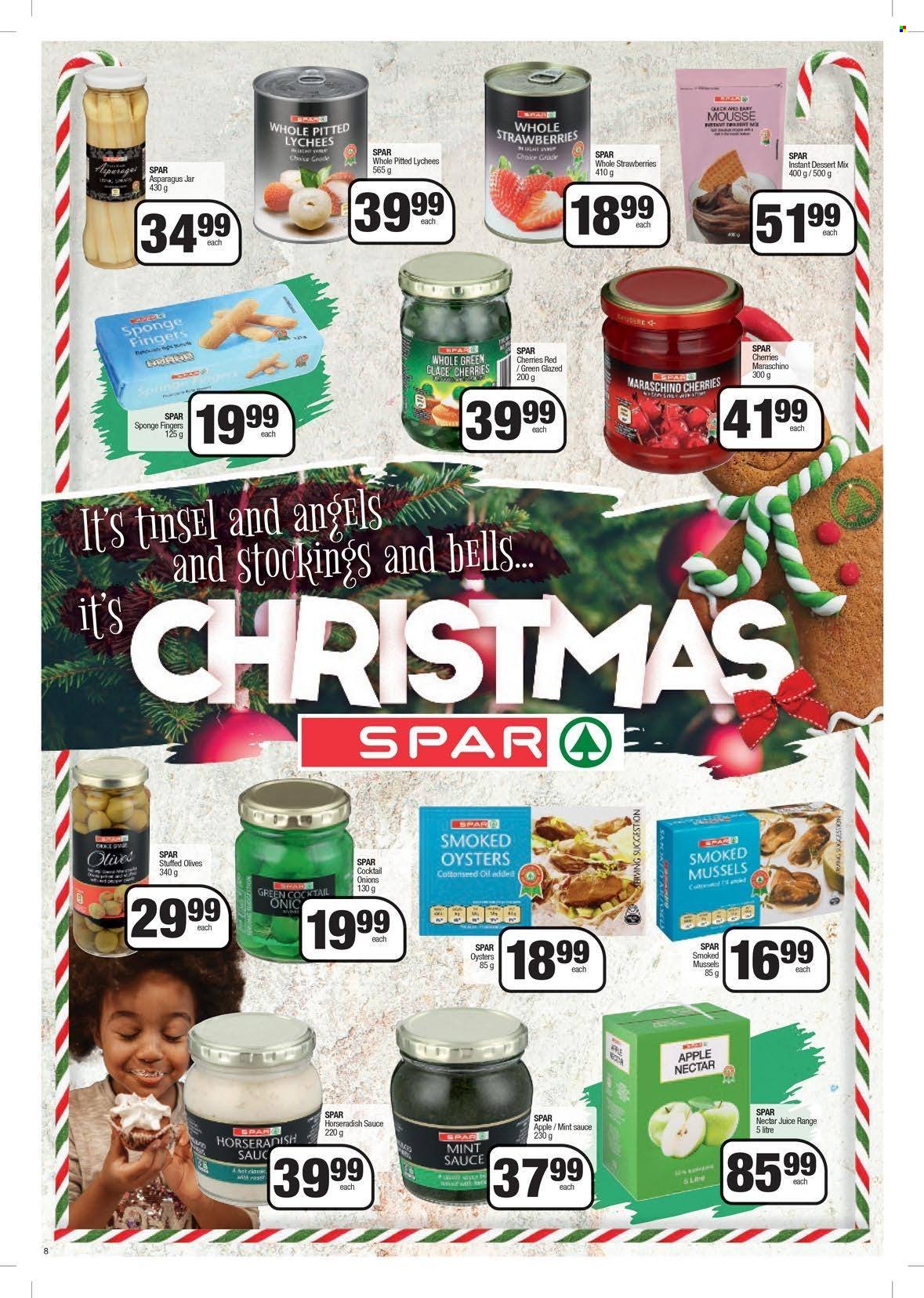 thumbnail - SPAR catalogue  - 22/11/2022 - 11/12/2022 - Sales products - asparagus, horseradish, onion, strawberries, mussels, smoked oysters, oysters, sauce, olives, Maraschino cherries, oil, juice, Sol. Page 8.