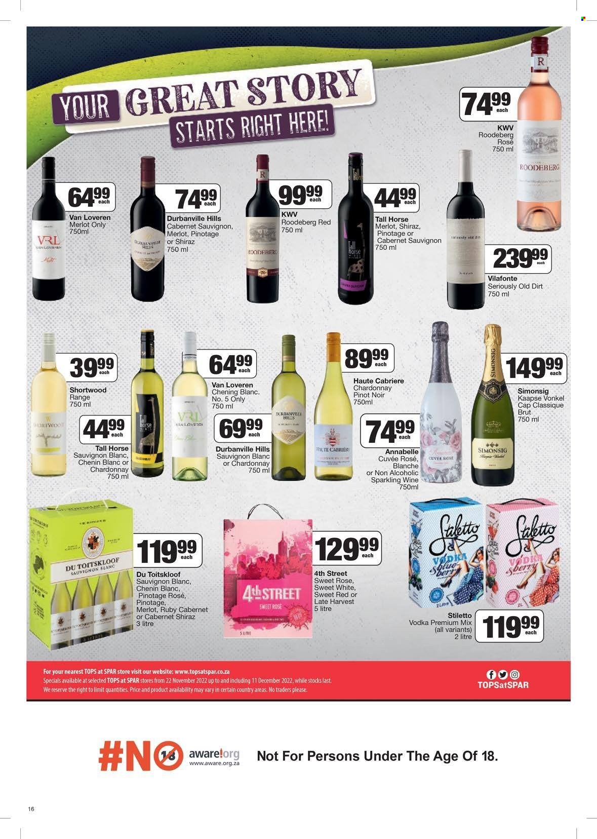 thumbnail - SPAR catalogue  - 22/11/2022 - 11/12/2022 - Sales products - Cabernet Sauvignon, red wine, sparkling wine, white wine, Chardonnay, wine, Merlot, Pinot Noir, Cuvée, KWV, Chenin Blanc, Shiraz, Sauvignon Blanc, rosé wine, vodka. Page 16.