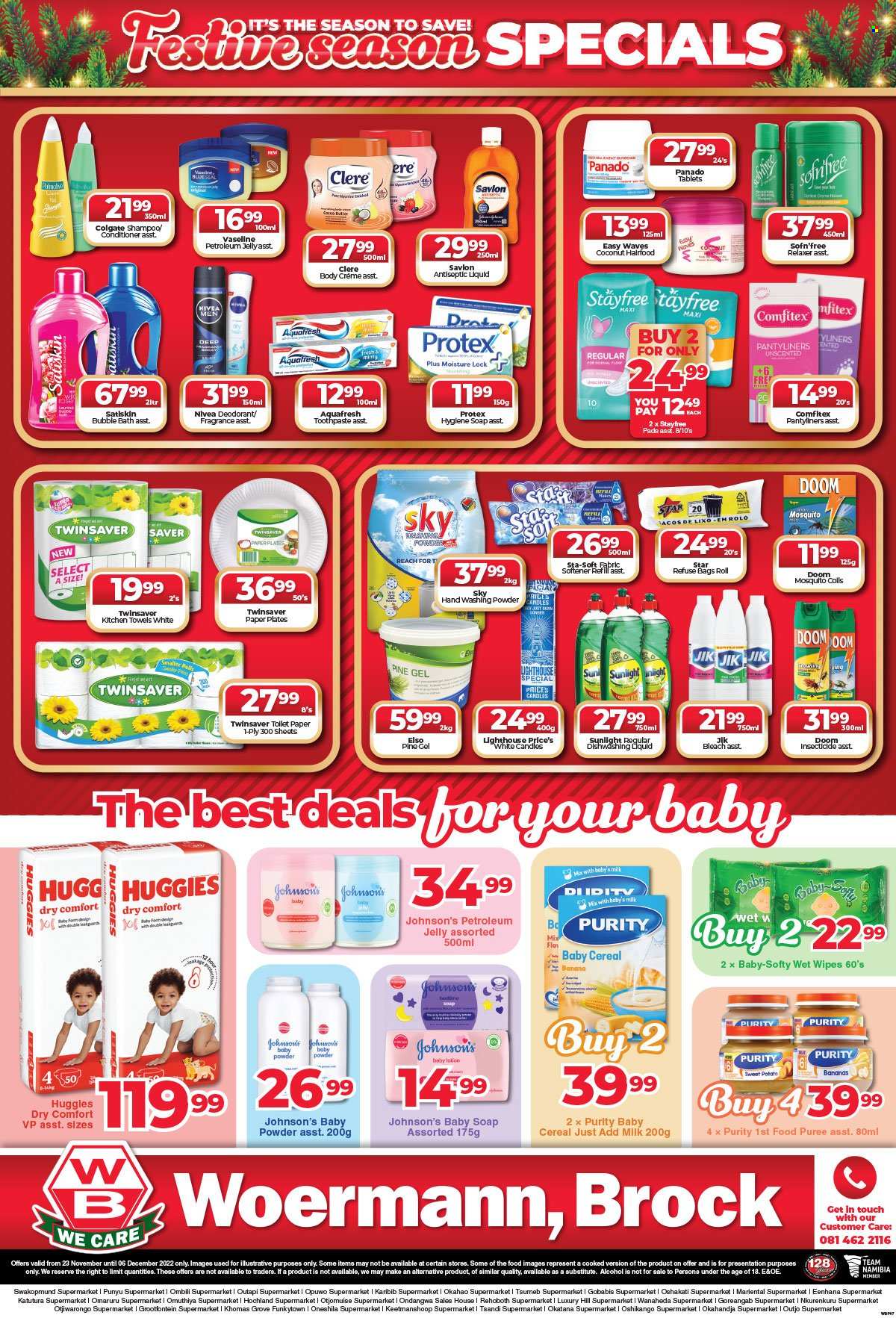 thumbnail - Woermann Brock catalogue  - 23/11/2022 - 06/12/2022 - Sales products - sweet potato, bananas, milk, cereals, alcohol, Purity, wipes, Huggies, Johnson's, kitchen towels, bleach, fabric softener, softener refill, laundry powder, Sunlight, dishwashing liquid, bubble bath, shampoo, Nivea, Palmolive, Protex, Vaseline, Satiskin, soap, Colgate, toothpaste, Stayfree, pantyliners, petroleum jelly, conditioner, body lotion, Clere, anti-perspirant, fragrance, deodorant. Page 7.