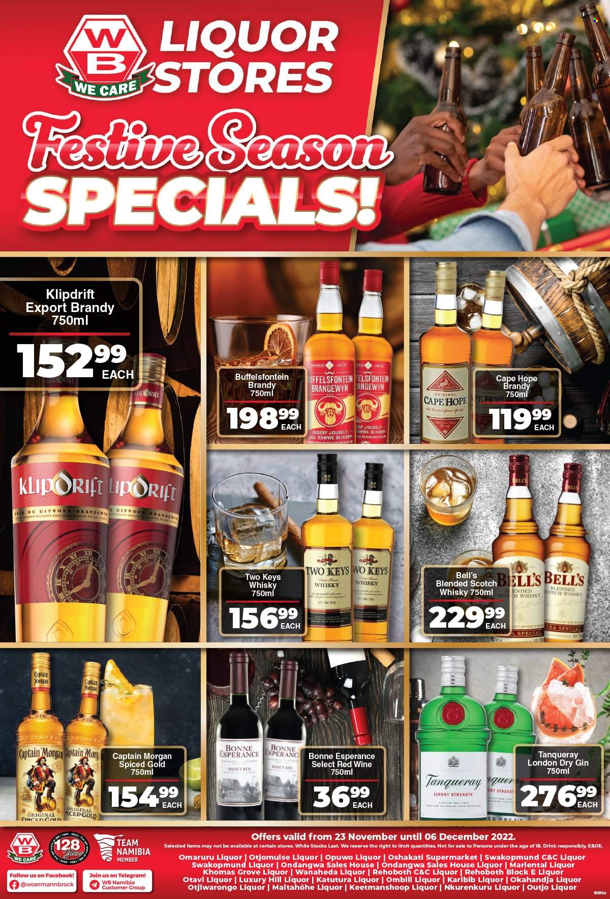thumbnail - Woermann Brock catalogue  - 23/11/2022 - 06/12/2022 - Sales products - Bella, red wine, wine, brandy, Captain Morgan, gin, liquor, Klipdrift, Buffelsfontein, scotch whisky, whisky. Page 3.