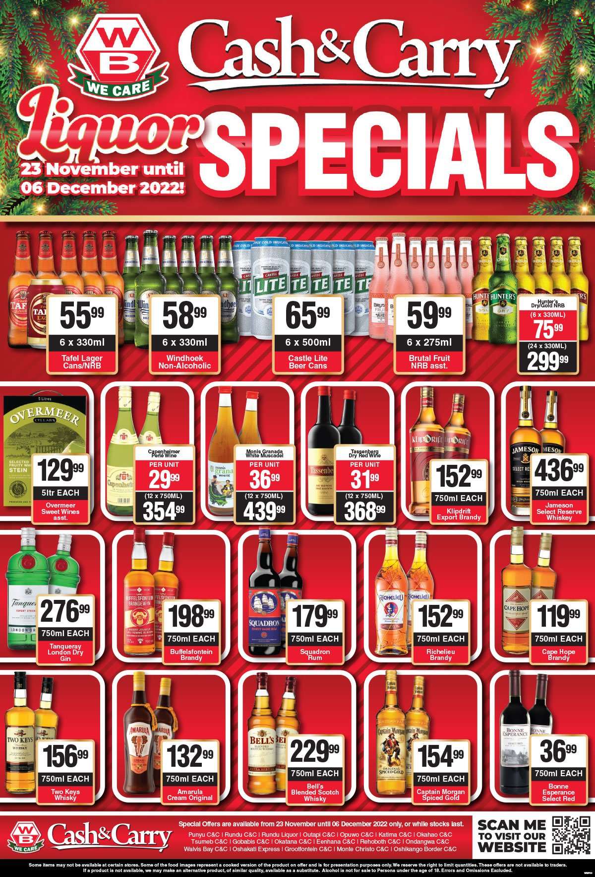 thumbnail - Woermann Brock catalogue  - 23/11/2022 - 06/12/2022 - Sales products - red wine, wine, alcohol, brandy, Captain Morgan, gin, rum, whiskey, Jameson, liquor, Richelieu, Amarula, Klipdrift, Buffelsfontein, scotch whisky, whisky, beer, Sol, Castle, Lager. Page 5.