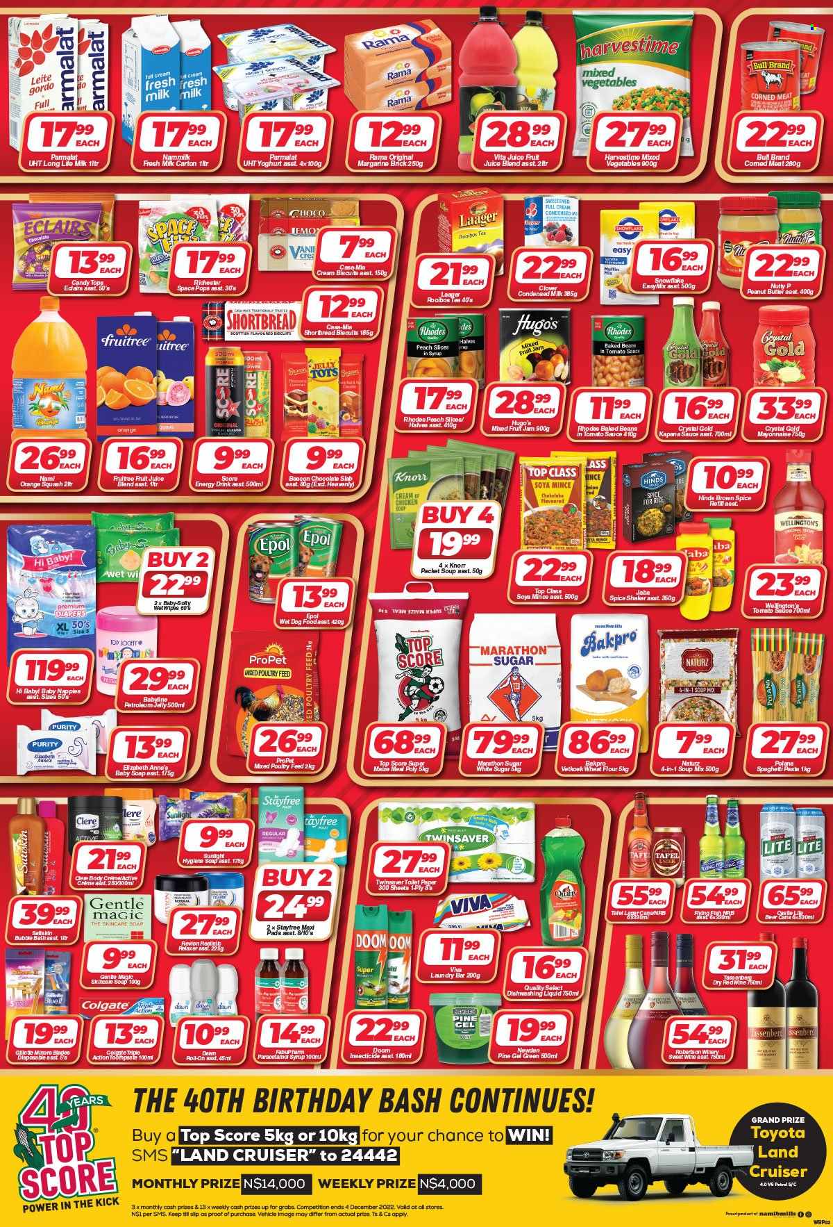 thumbnail - Woermann Brock catalogue  - 23/11/2022 - 06/12/2022 - Sales products - beans, spaghetti, chicken soup, soup mix, soup, pasta, Knorr, chakalaka, yoghurt, Clover, Parmalat, milk, long life milk, condensed milk, margarine, Rama, mayonnaise, mixed vegetables, Harvestime, chocolate, biscuit, flour, sugar, wheat flour, maize meal, soya mince, corned meat, baked beans, spice, Hinds, fruit jam, peanut butter, energy drink, fruit juice, juice, orange squash, tea, rooibos tea, beer, Purity, wipes, nappies, toilet paper, laundry soap bar, Sunlight, dishwashing liquid, bubble bath, soap, Colgate, toothpaste, Stayfree, sanitary pads, petroleum jelly, Gentle Magic, relaxer, Clere, Top Society, roll-on, Gillette. Page 2.