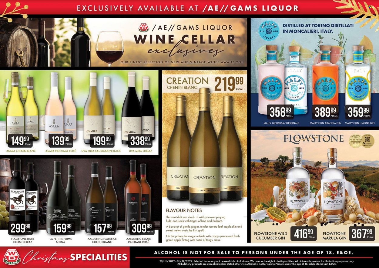 thumbnail - Woermann Brock catalogue  - 23/11/2022 - 31/12/2022 - Sales products - ginger, rhubarb, quince, red wine, white wine, wine, alcohol, Chenin Blanc, Shiraz, Sauvignon Blanc, rosé wine, gin, liquor, melons. Page 7.