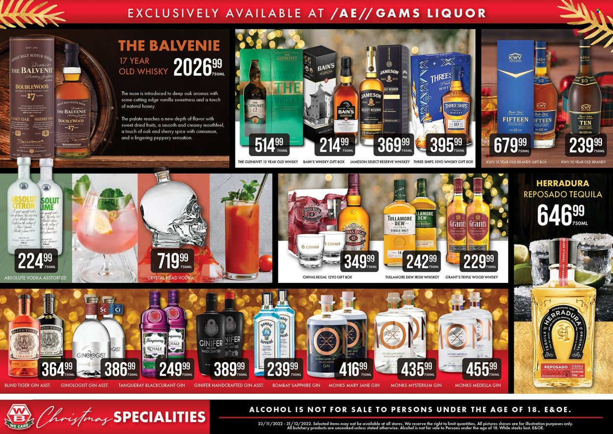 thumbnail - Woermann Brock catalogue  - 23/11/2022 - 31/12/2022 - Sales products - spice, honey, alcohol, KWV, brandy, gin, sherry, tequila, vodka, whiskey, irish whiskey, Jameson, liquor, Grant's, Absolut, Chivas Regal, scotch whisky, whisky. Page 8.