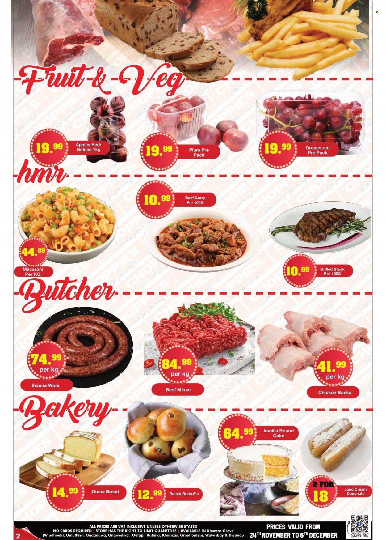 thumbnail - Choppies catalogue  - 24/11/2022 - 06/12/2022 - Sales products - bread, cake, buns, grapes, apples, macaroni, honey, beef meat, steak. Page 2.