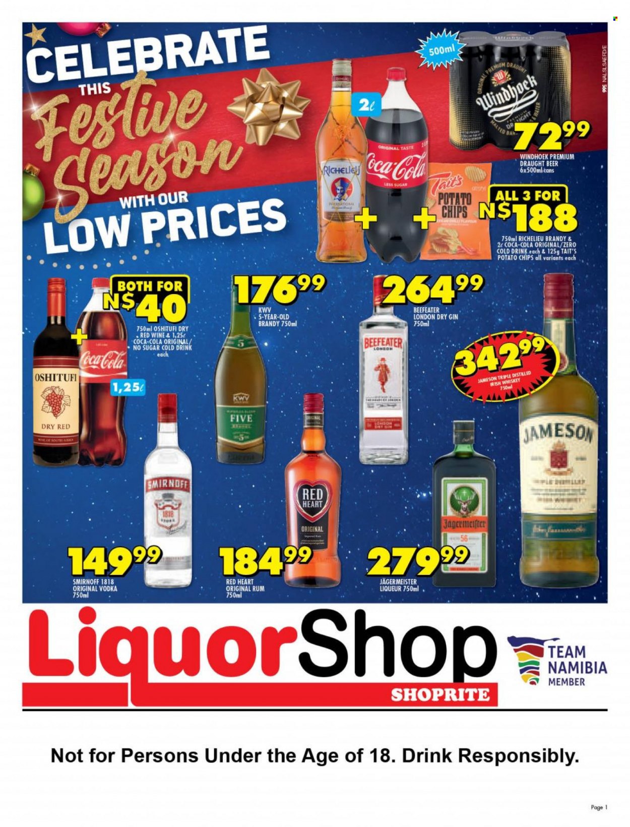 thumbnail - Shoprite catalogue  - 18/11/2022 - 24/12/2022 - Sales products - potato chips, chips, Coca-Cola, red wine, wine, KWV, brandy, gin, liqueur, rum, Smirnoff, vodka, whiskey, irish whiskey, Jameson, Beefeater, Richelieu, Jägermeister, Red Heart, whisky, beer. Page 1.