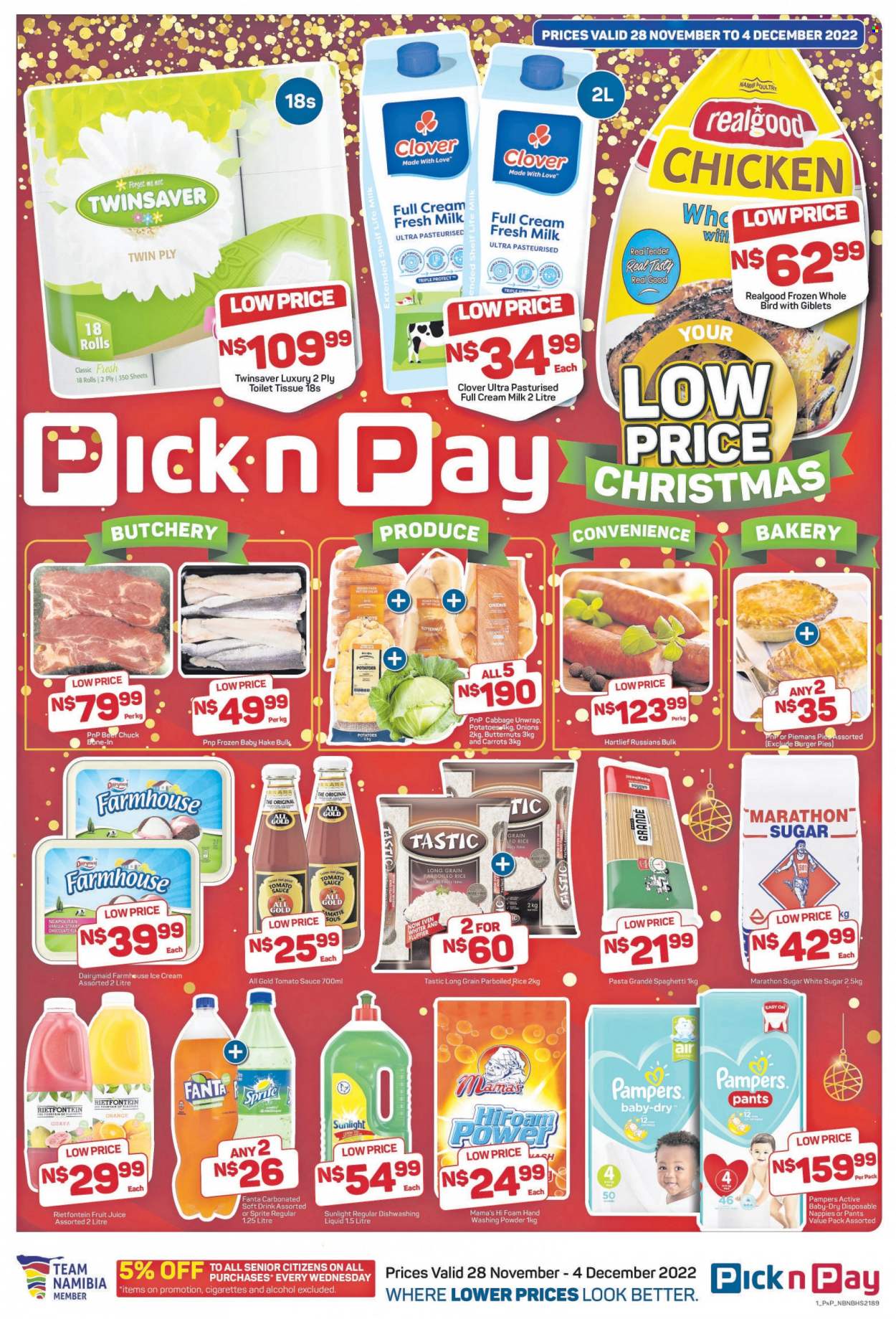 thumbnail - Pick n Pay catalogue  - 28/11/2022 - 04/12/2022 - Sales products - cabbage, carrots, potatoes, guava, oranges, hake, spaghetti, pasta, sauce, hamburger, Mama's, Russians, Clover, ice cream, sugar, tomato sauce, rice, parboiled rice, Tastic, Pasta Grandé, Sprite, Fanta, fruit juice, juice, soft drink, carbonated soft drink, alcohol, beer, Pampers, pants, nappies, laundry powder, Sunlight, dishwashing liquid. Page 1.