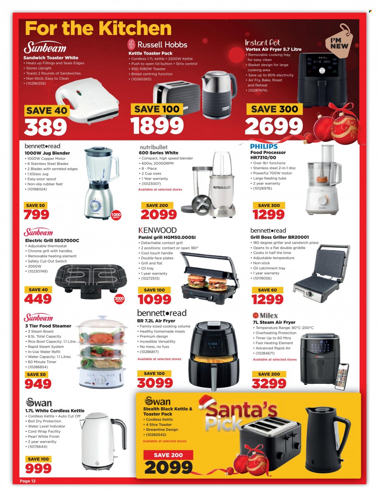 thumbnail - HiFiCorp catalogue  - 30/11/2022 - 24/12/2022 - Sales products - Philips, Sunbeam, Bennett Read, blender, air fryer, Instant Pot, NutriBullet, Kenwood, Russell Hobbs, food processor, toaster, sandwich press, kettle, food steamer. Page 12.