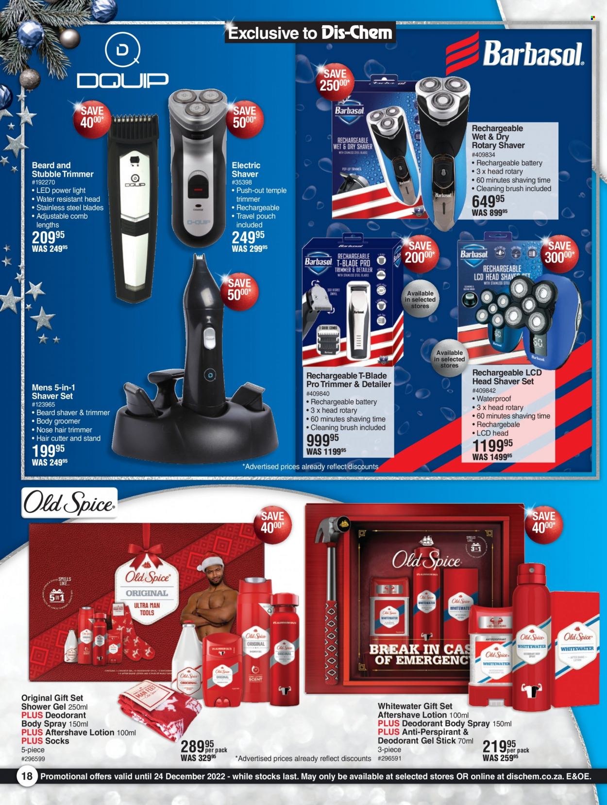 thumbnail - Dis-Chem catalogue  - 28/11/2022 - 24/12/2022 - Sales products - shower gel, comb, body lotion, body spray, after shave, anti-perspirant, deodorant, shaver, gift set, trimmer. Page 18.