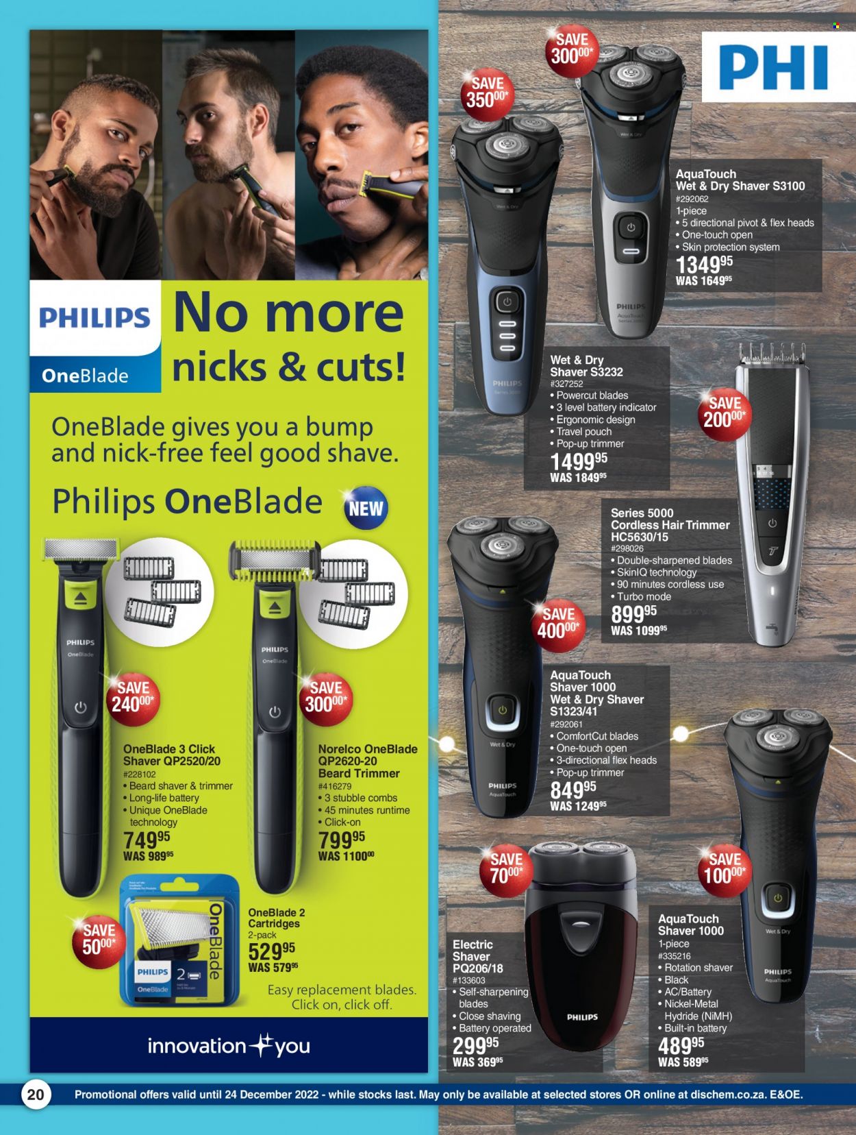 thumbnail - Dis-Chem catalogue  - 28/11/2022 - 24/12/2022 - Sales products - Philips, replacement blades, shaver, trimmer, Norelco. Page 20.