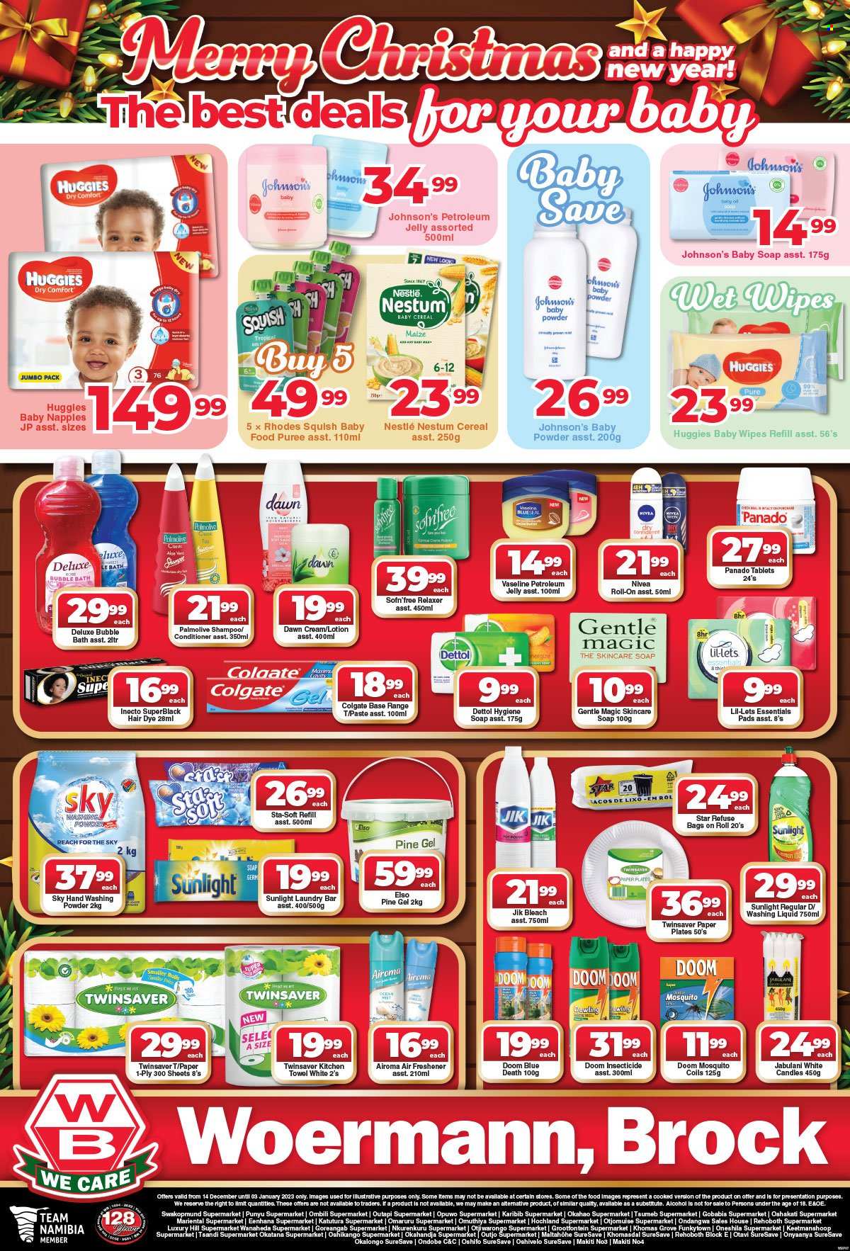 thumbnail - Woermann Brock catalogue  - 14/12/2022 - 03/01/2023 - Sales products - Nestlé, cereals, alcohol, wipes, Huggies, baby wipes, Johnson's, kitchen towels, Dettol, bleach, laundry powder, laundry soap bar, Sunlight, bubble bath, shampoo, Nivea, Palmolive, Vaseline, soap, Colgate, Lil-lets, petroleum jelly, Gentle Magic, conditioner, relaxer, body lotion, roll-on. Page 7.