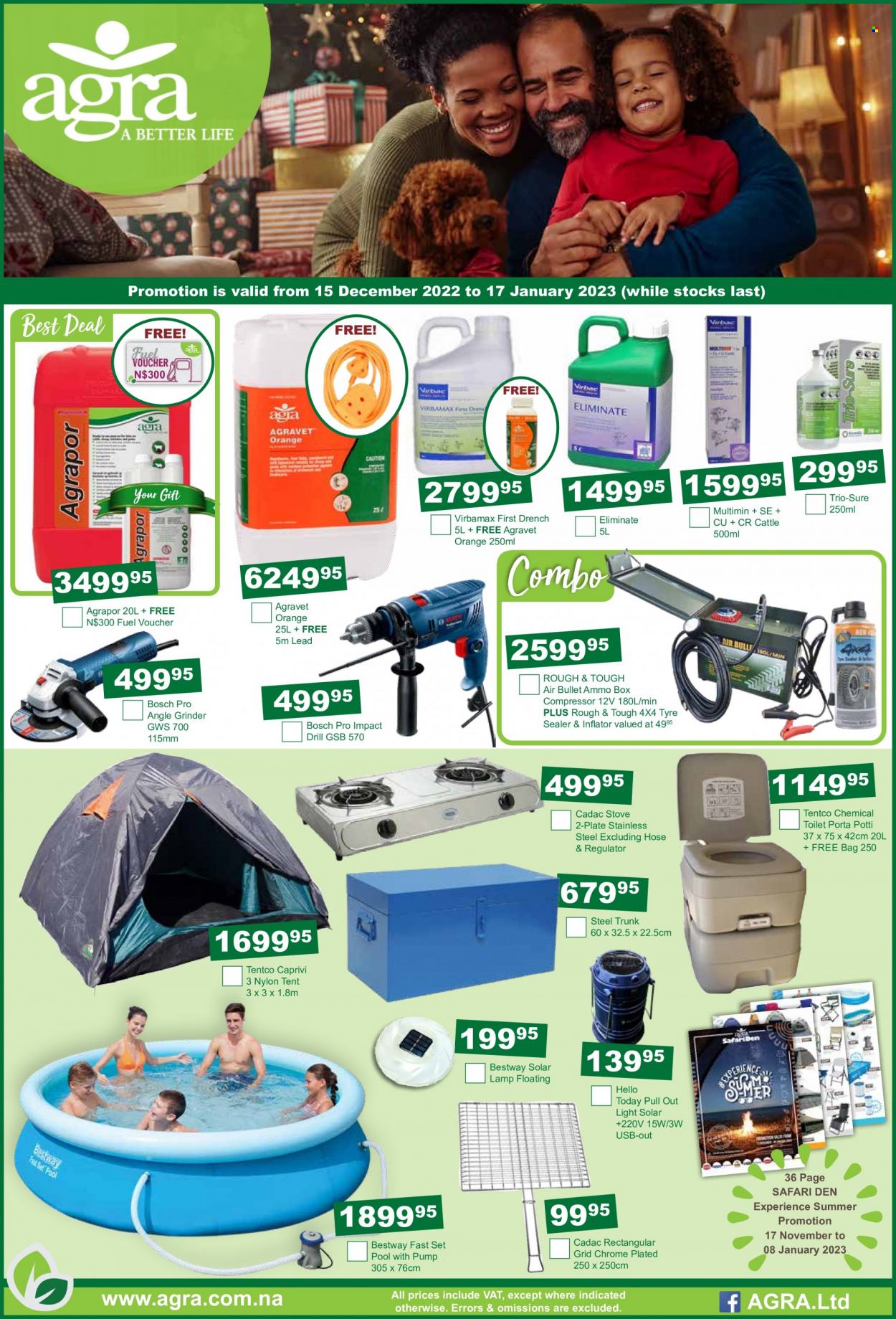 thumbnail - Agra catalogue  - 15/12/2022 - 17/01/2023 - Sales products - toilet, inflator, Bosch, lamp, stove, drill, grinder, angle grinder, air compressor, pump, tent, ammo can, ammo. Page 1.