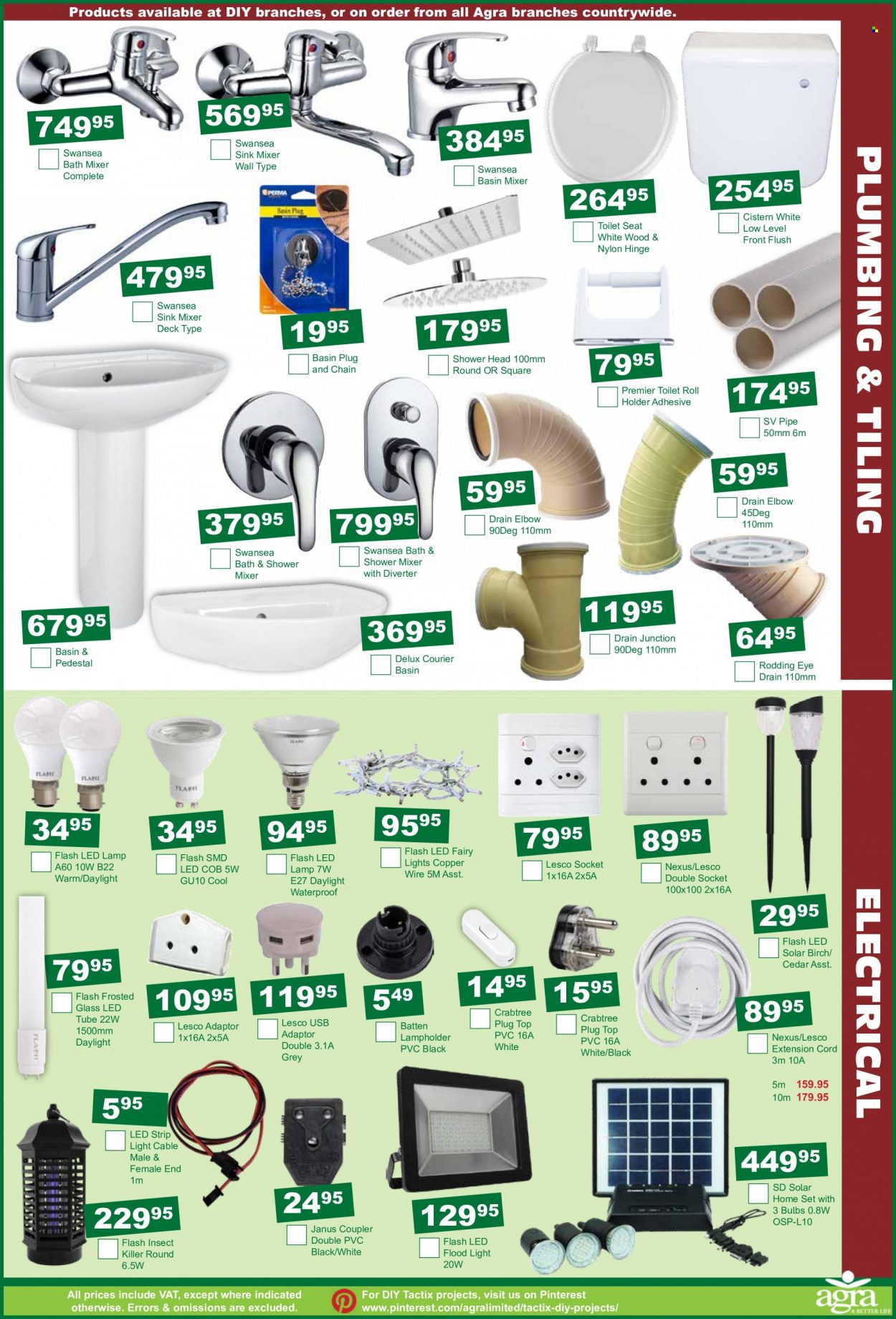 thumbnail - Agra catalogue  - 15/12/2022 - 17/01/2023 - Sales products - toilet seat, showerhead, bath mixer, shower mixer, basin mixer, pipe, holder, bulb, lamp, LED strip, floodlight, extension cord, insect killer. Page 9.