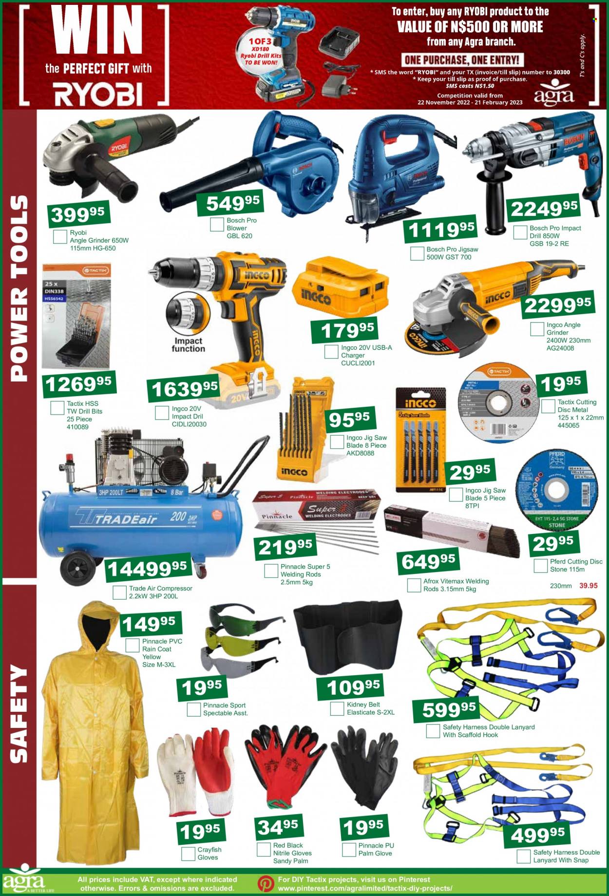 thumbnail - Agra catalogue  - 15/12/2022 - 17/01/2023 - Sales products - hook, belt, power tools, Ryobi, grinder, saw, angle grinder, jig saw, air compressor, welding rods. Page 10.
