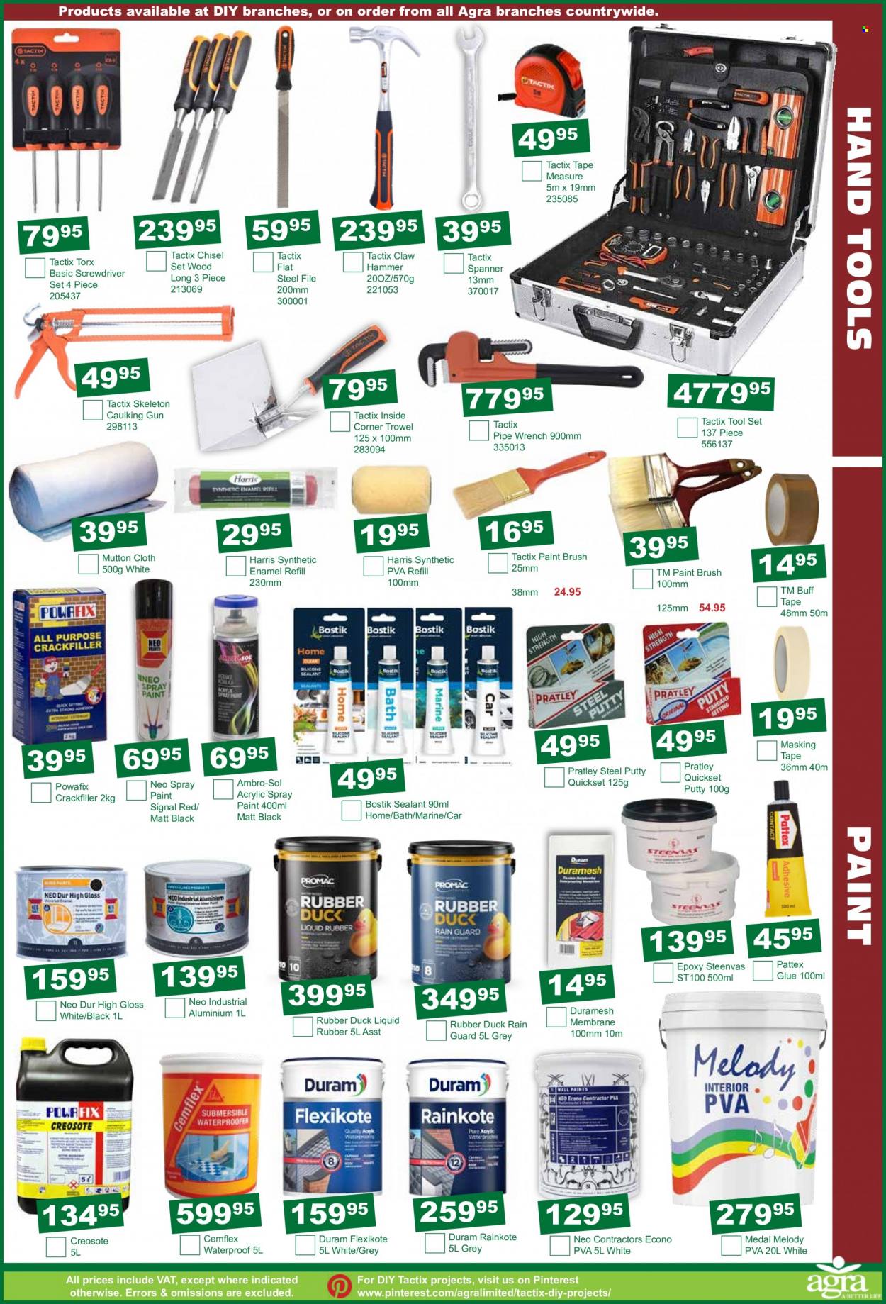 thumbnail - Agra catalogue  - 15/12/2022 - 17/01/2023 - Sales products - paint brush, eraser, glue, masking tape, spray paint, Duram, Medal, screwdriver, hammer, wrench, spanner, tool set, claw hammer, screwdriver set, hand tools, measuring tape, gun. Page 11.