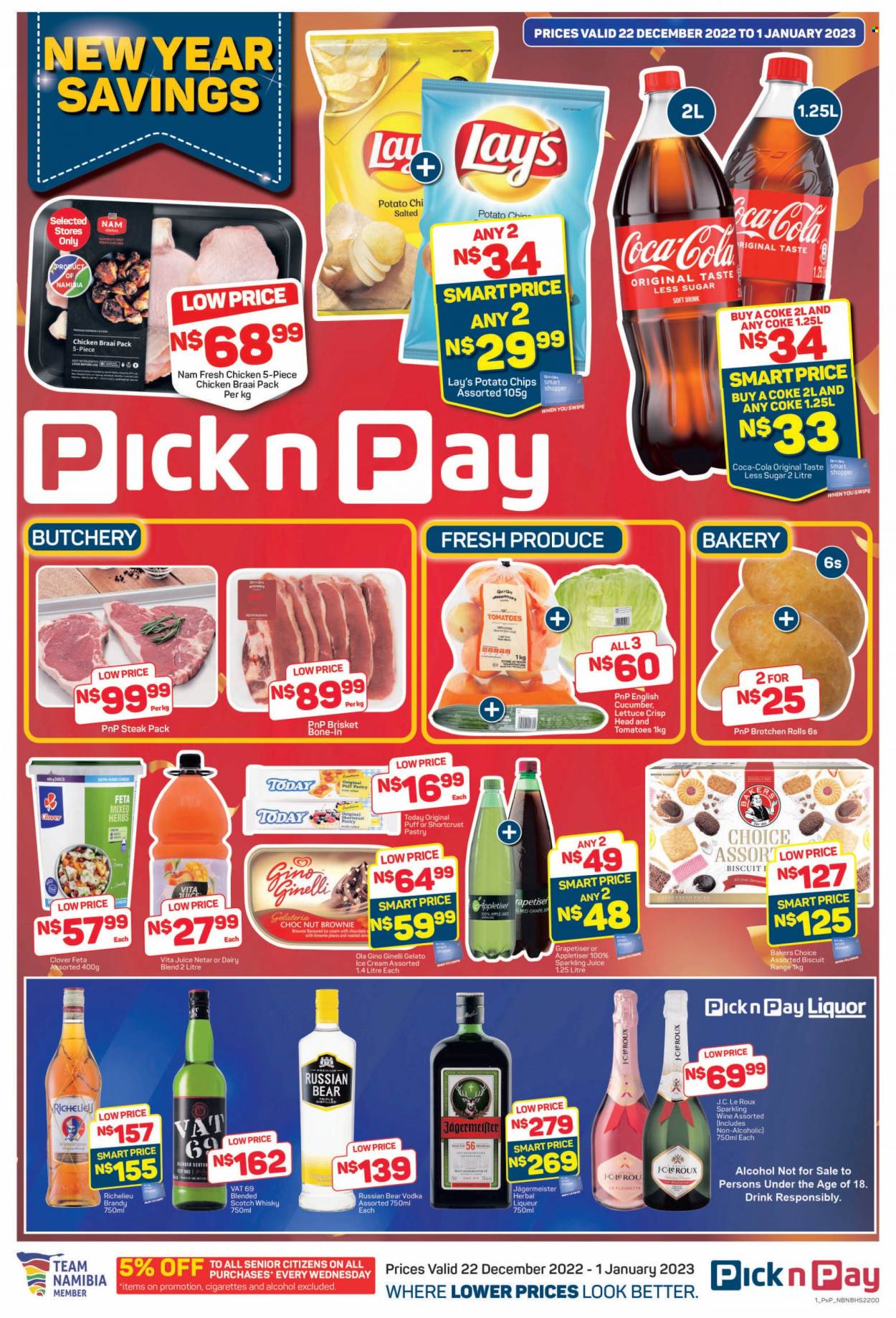 thumbnail - Pick n Pay catalogue  - 22/12/2022 - 01/01/2023 - Sales products - shortcrust pastry, brownies, lettuce, feta, Clover, dairy blend, puff pastry, ice cream, Gino Ginelli, Ola, gelato, biscuit, potato chips, chips, Lay’s, apple juice, Coca-Cola, juice, soft drink, sparkling juice, Bai, sparkling wine, wine, alcohol, brandy, liqueur, vodka, liquor, herbal liqueur, Richelieu, Jägermeister, Russian Bear, Vat 69, scotch whisky, whisky, steak, Bakers. Page 1.
