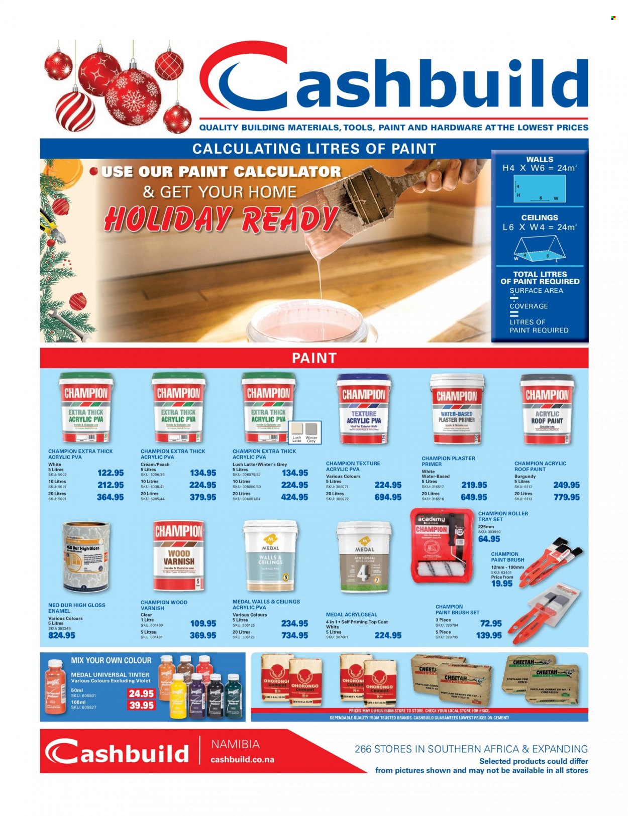 thumbnail - Cashbuild catalogue  - 22/12/2022 - 22/01/2023 - Sales products - gloss enamel, acrylic PVA, paint brush, roller, brush set, roller tray set, top coat, Medal, plaster primer, roof paint. Page 1.