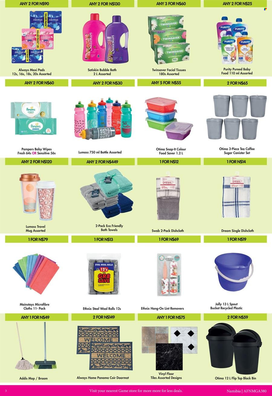 thumbnail - Game catalogue  - 01/01/2023 - 31/03/2023 - Sales products - sugar, tea, coffee, Purity, wipes, Pampers, baby wipes, tissues, bubble bath, Satiskin, sanitary pads, facial tissues, mug, canister, travel mug, bath towel, towel. Page 3.