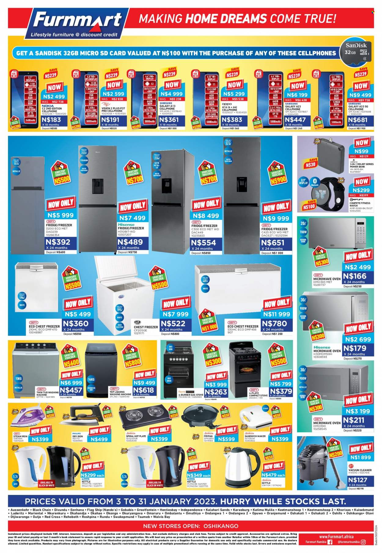 thumbnail - Furnmart catalogue  - 03/01/2023 - 31/01/2023 - Sales products - fitness smart watch, memory card, Sandisk, power bank, WD, freezer, chest freezer, refrigerator, fridge, oven, gas stove, microwave, hob, washing machine, vacuum cleaner, sandwich maker, kettle, iron, steam iron, water dispenser. Page 4.