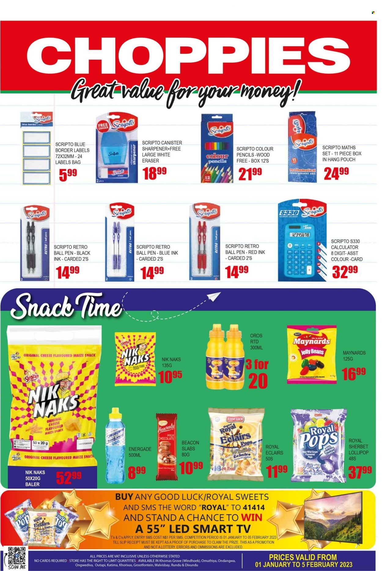 thumbnail - Choppies catalogue  - 01/01/2023 - 05/02/2023 - Sales products - cheese, sherbet, milk chocolate, chocolate, snack, lollipop, jelly beans, maize snack, Simba, Nik Naks, Oros, sharpener, canister. Page 4.