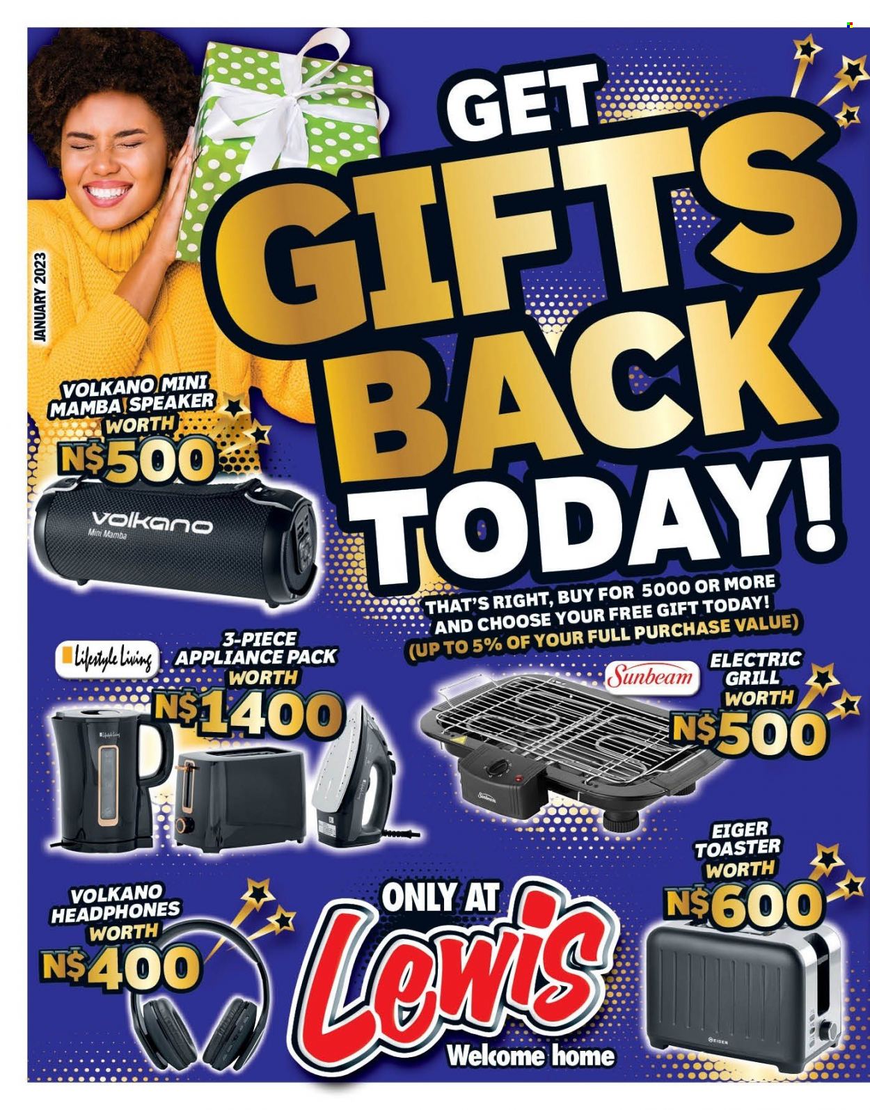 thumbnail - Lewis catalogue  - 03/01/2023 - 18/02/2023 - Sales products - Sunbeam, speaker, headphones, Volkano, toaster. Page 1.