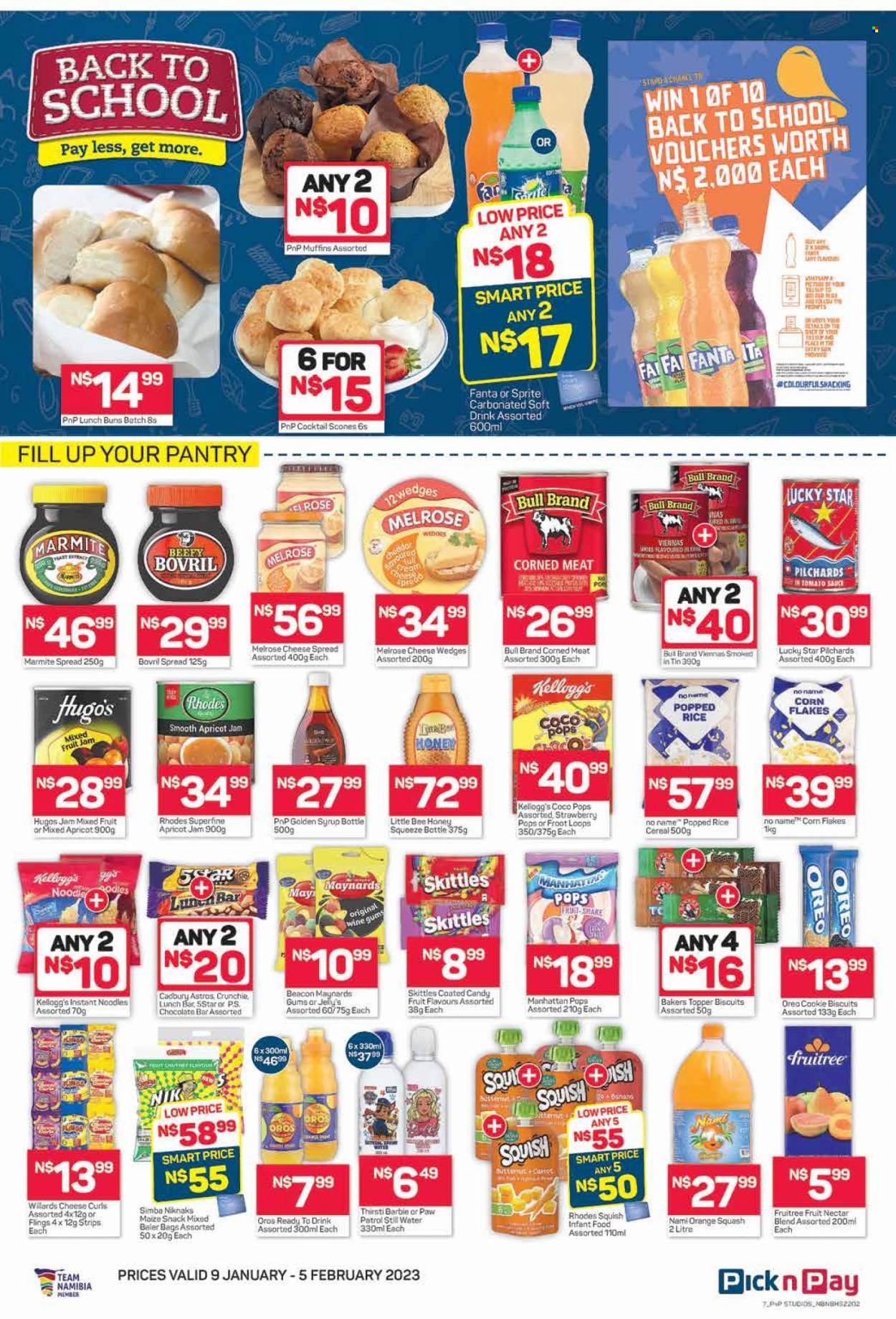 thumbnail - Pick n Pay catalogue  - 09/01/2023 - 05/02/2023 - Sales products - buns, muffin, sardines, No Name, instant noodles, noodles, vienna sausage, cheese spread, Melrose, Oreo, shake, yeast, strips, Paw Patrol, snack, Kellogg's, biscuit, Cadbury, Skittles, chocolate bar, maize snack, Simba, corned meat, cereals, corn flakes, coco pops, rice, apricot jam, honey, fruit jam, syrup, Sprite, Fanta, fruit nectar, soft drink, Oros, orange squash, mineral water, bottled water, carbonated soft drink, rosé wine, Bakers. Page 7.