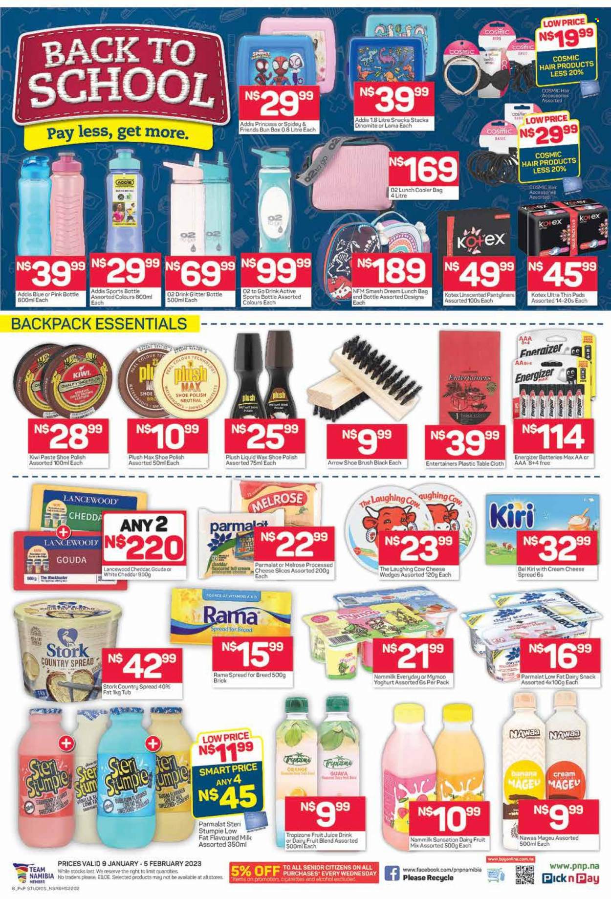 Pick n Pay catalogue  - 09/01/2023 - 05/02/2023 - Sales products - bread, pie, guava, kiwi, orange, cheese spread, gouda, sliced cheese, cheddar, Kiri, The Laughing Cow, Lancewood, Melrose, yoghurt, Parmalat, milk, flavoured milk, Steri Stumpie, Number 1 Mageu, Rama, snack, fruit mix, fruit juice, juice, alcohol, Kotex, pantyliners, battery, Energizer, table. Page 8.