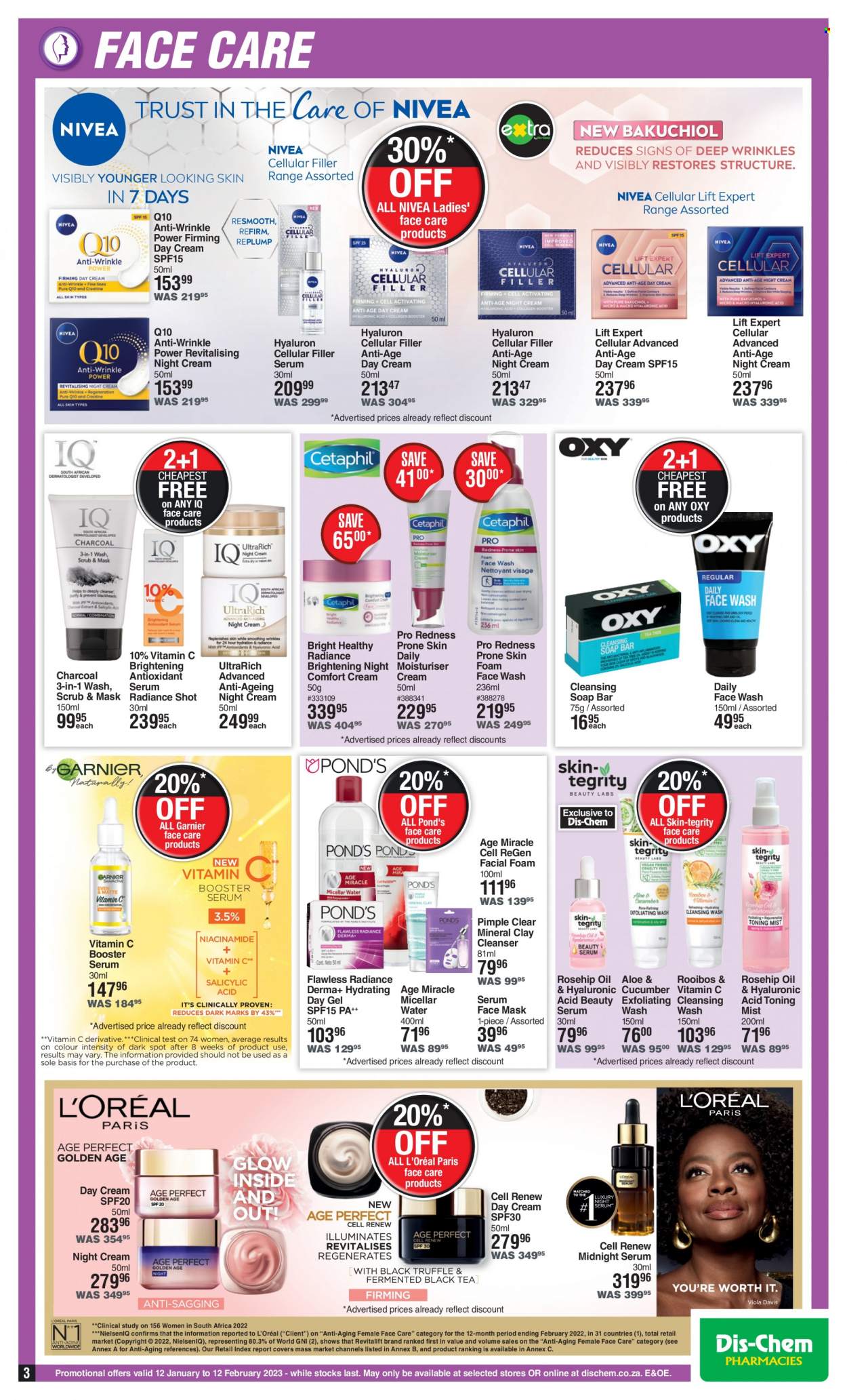 thumbnail - Dis-Chem catalogue  - 12/01/2023 - 12/02/2023 - Sales products - Nivea, face gel, soap bar, POND'S, facial foam, soap, cleanser, day cream, Garnier, L’Oréal, serum, night cream, face mask, Niacinamide, rosehip oil, face wash, Trust. Page 3.