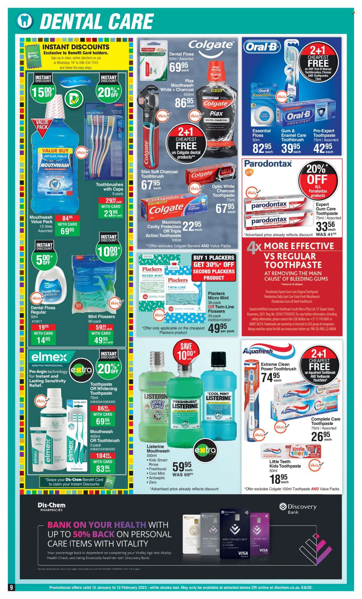 thumbnail - Dis-Chem catalogue  - 12/01/2023 - 12/02/2023 - Sales products - Colgate, Listerine, toothbrush, Oral-B, toothpaste, mouthwash, charcoal toothbrush, Plax. Page 9.