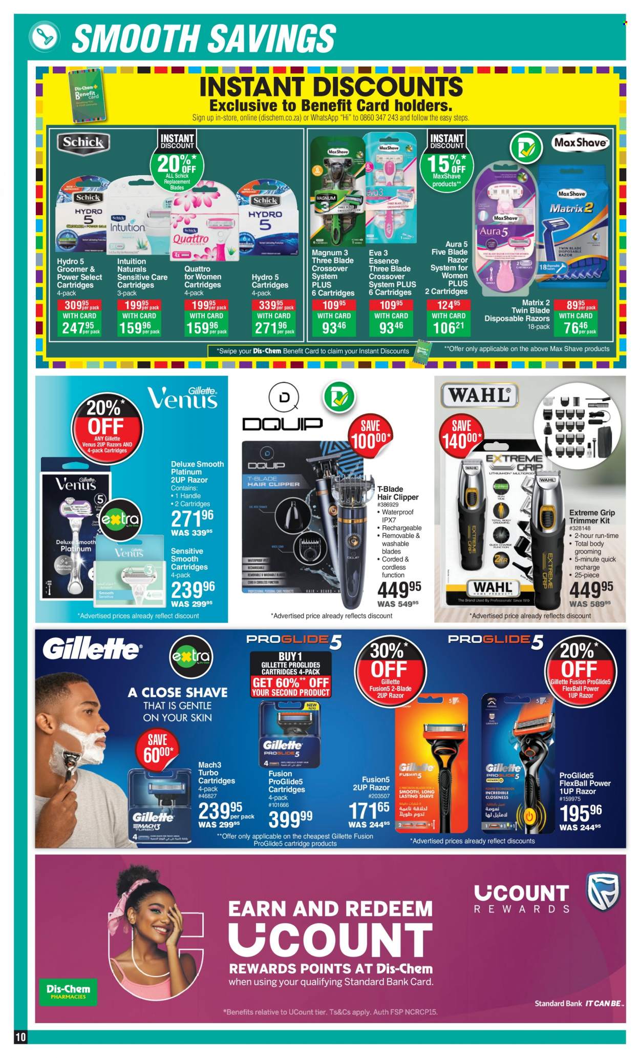 thumbnail - Dis-Chem catalogue  - 12/01/2023 - 12/02/2023 - Sales products - Gillette, razor, replacement blades, Schick, Venus, disposable razor, trimmer, hair clipper. Page 10.