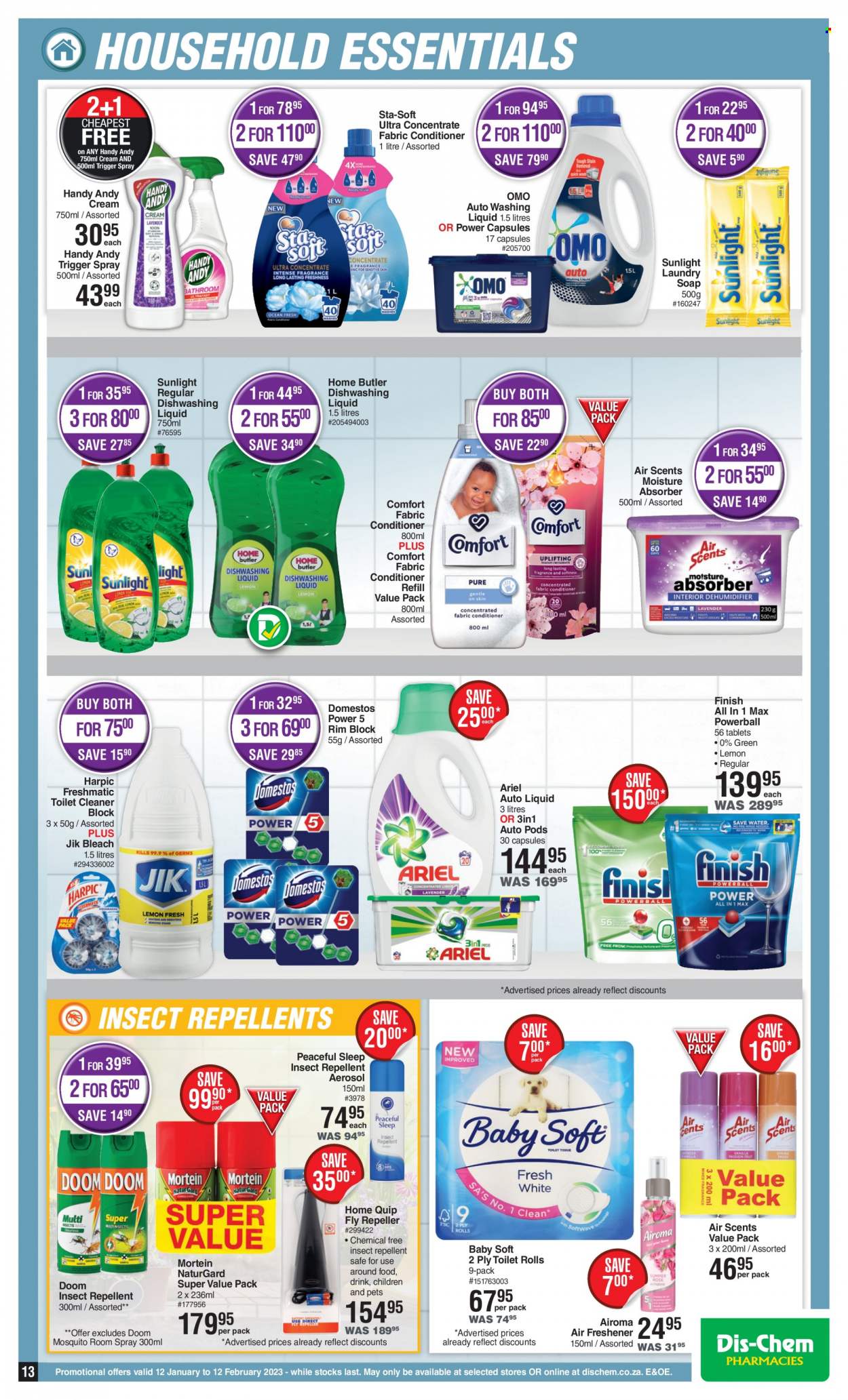 thumbnail - Dis-Chem catalogue  - 12/01/2023 - 12/02/2023 - Sales products - Baby Soft, toilet paper, Domestos, bleach, toilet cleaner, cleaner, Mortein, Harpic, Ariel, Omo, laundry soap bar, Sunlight, Comfort softener, dishwashing liquid, soap, repellent. Page 13.