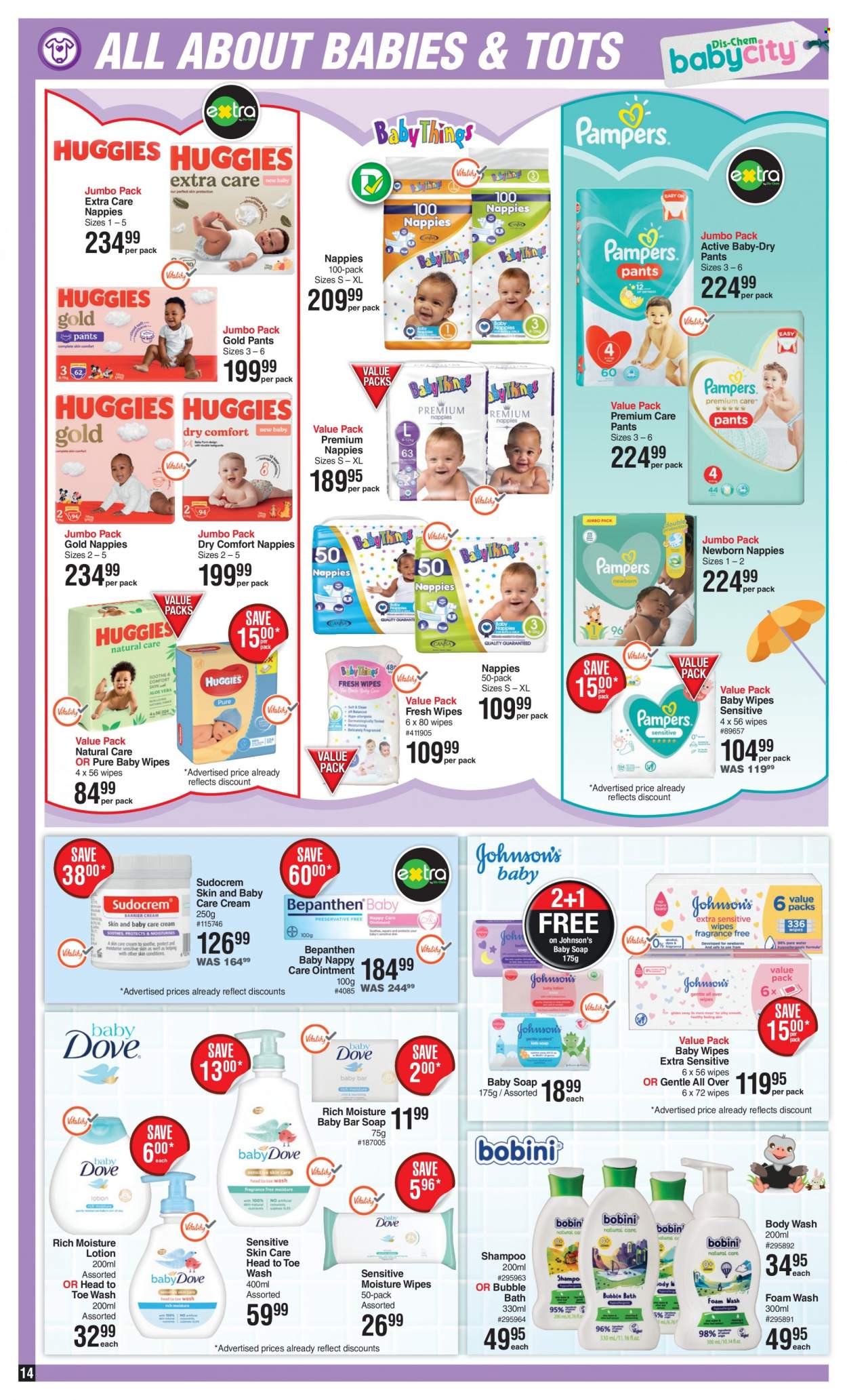 thumbnail - Dis-Chem catalogue  - 12/01/2023 - 12/02/2023 - Sales products - wipes, pants, baby wipes, nappies, Johnson's, ointment, body wash, bubble bath, shampoo, soap bar, soap, body lotion, Sudocrem. Page 14.
