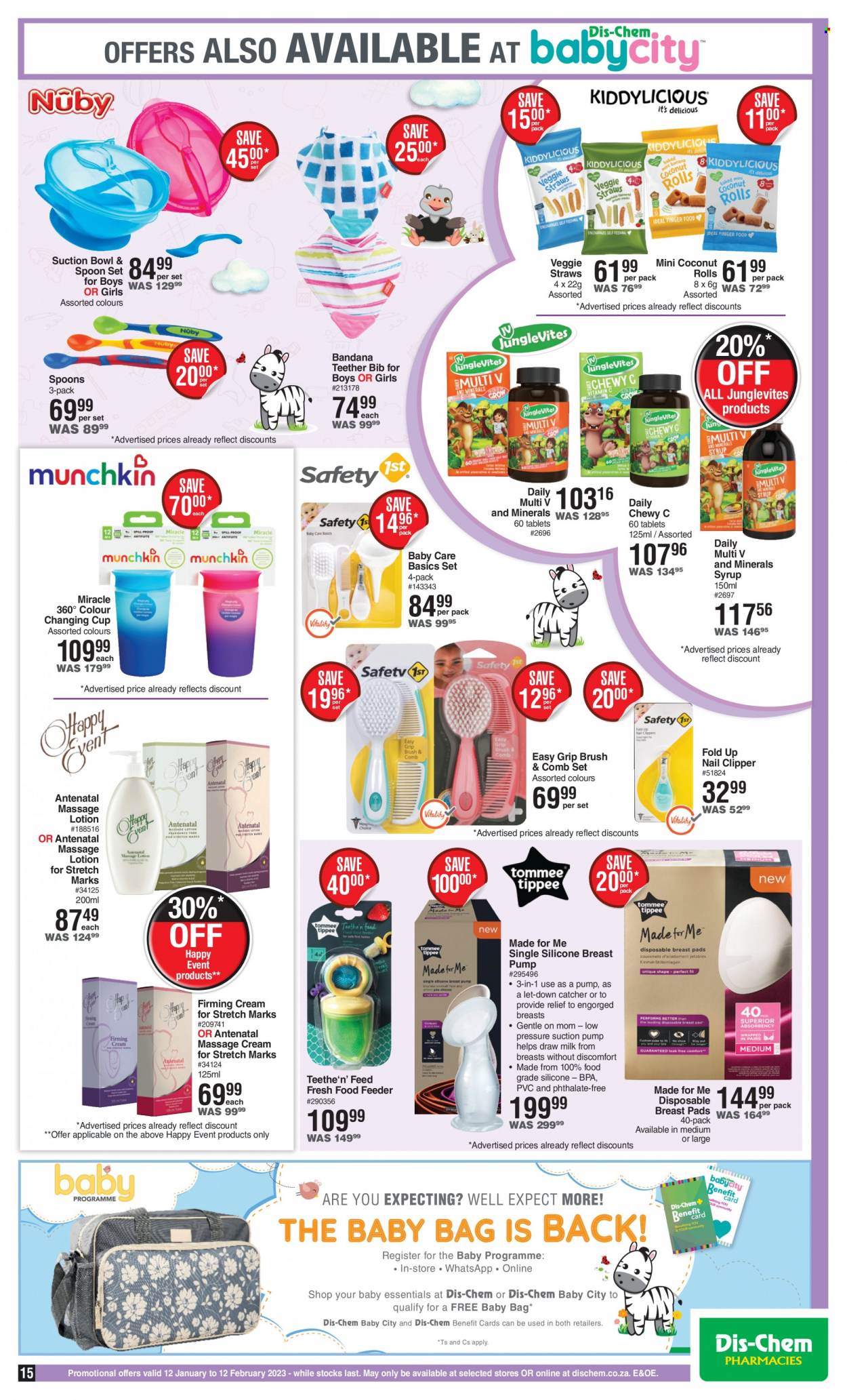 thumbnail - Dis-Chem catalogue  - 12/01/2023 - 12/02/2023 - Sales products - breast pads, comb, body lotion, bag, syrup. Page 15.