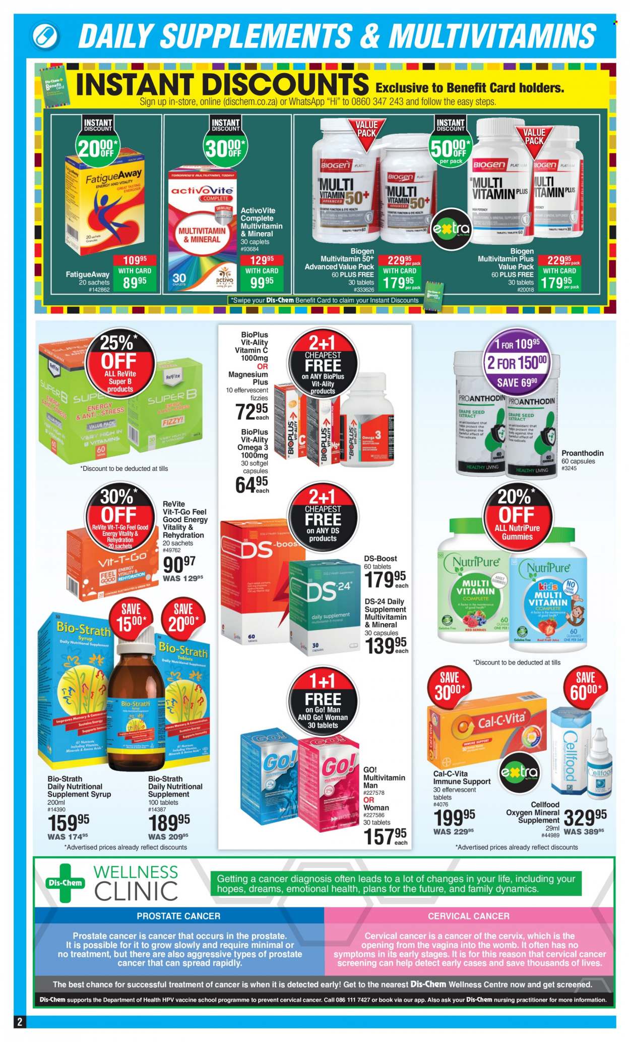 thumbnail - Dis-Chem catalogue  - 12/01/2023 - 12/02/2023 - Sales products - magnesium, multivitamin, vitamin c, Omega-3, syrup, nutritional supplement, Cal-C-Vita, Go!, Bio-Strath, Activovite, Cellfood, DS-Boost. Page 2.