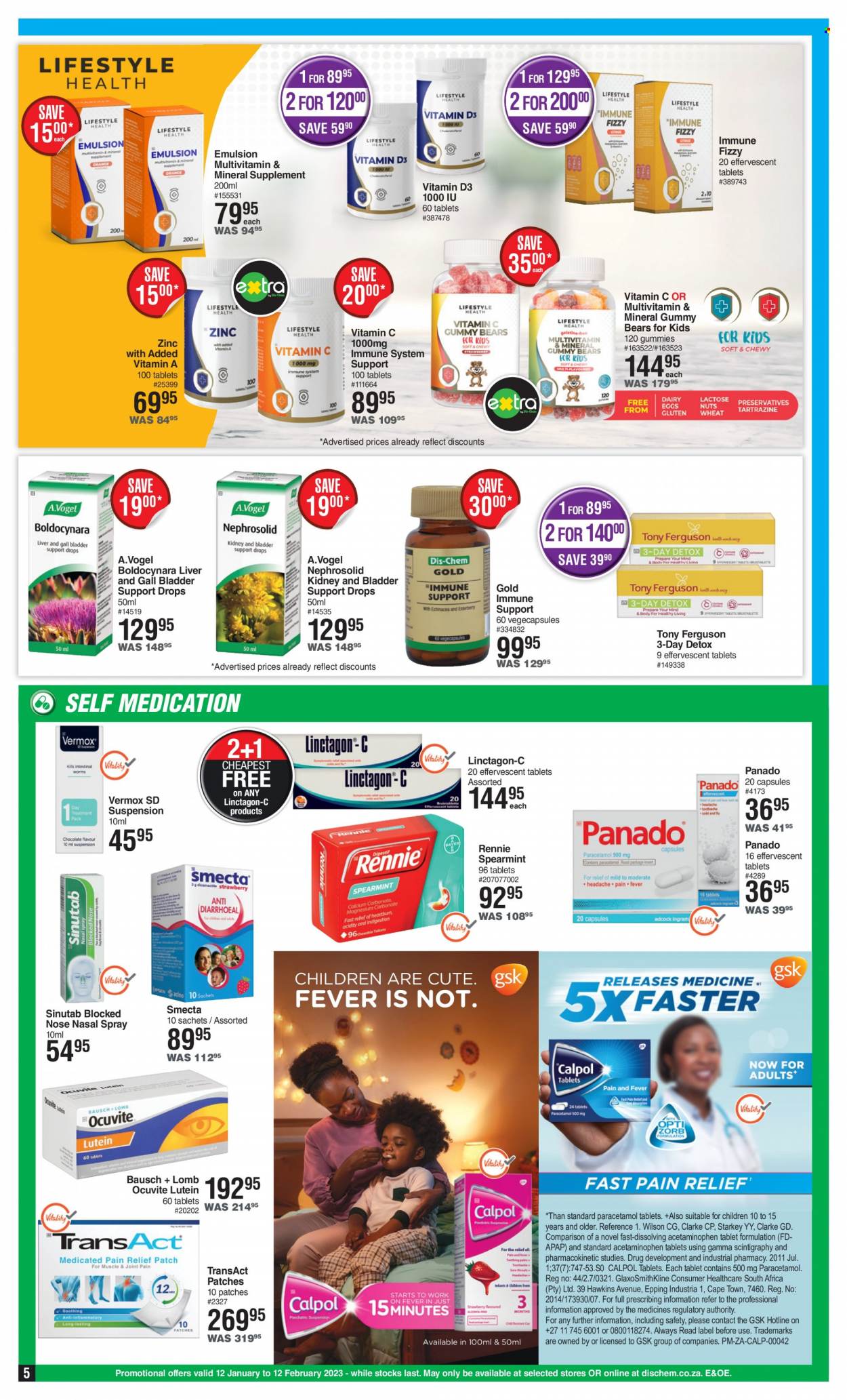 thumbnail - Dis-Chem catalogue  - 12/01/2023 - 12/02/2023 - Sales products - multivitamin, vitamin c, Ocuvite, zinc, Calpol, Panado, Rennie, vitamin D3, nasal spray. Page 5.