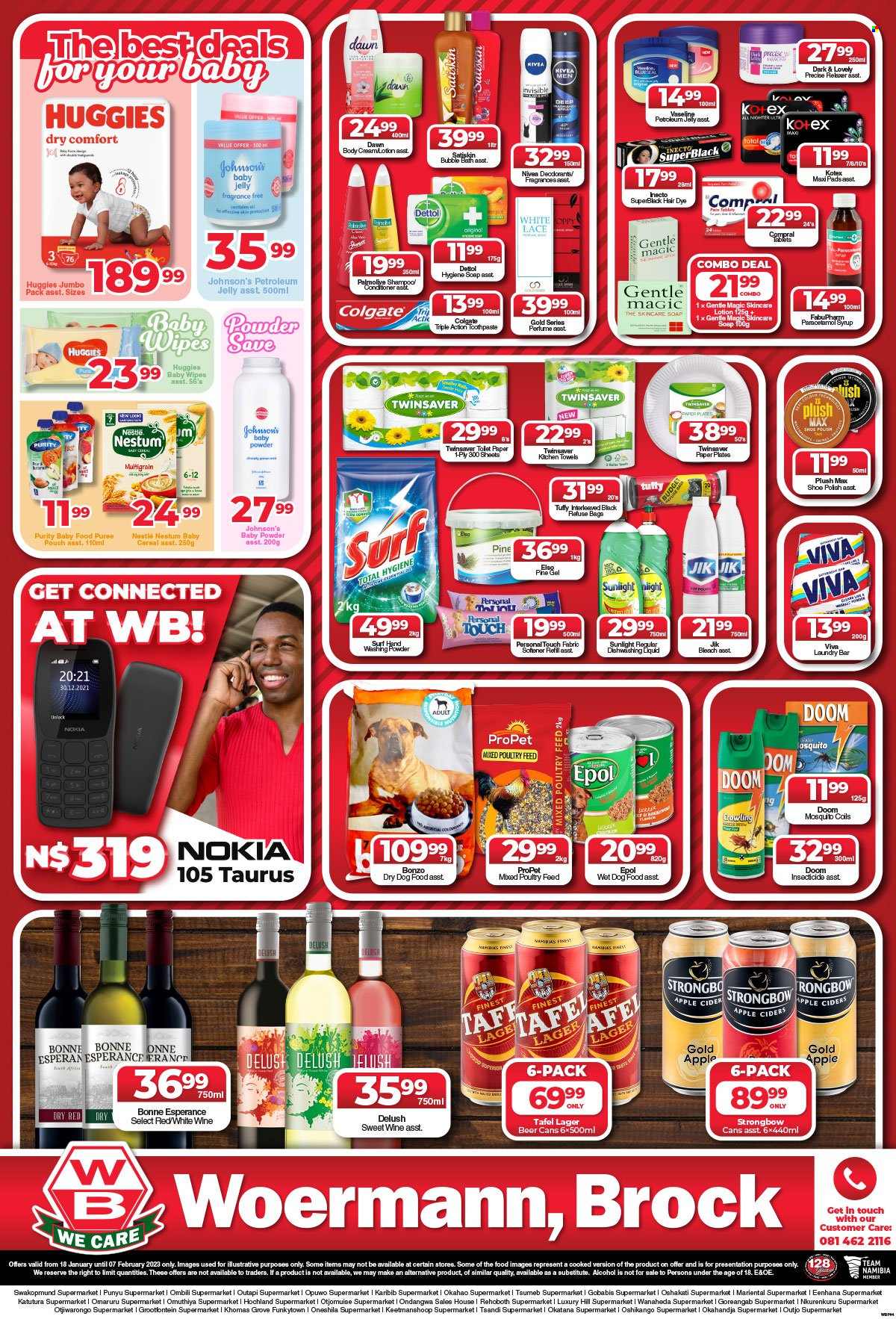 thumbnail - Woermann Brock catalogue  - 18/01/2023 - 07/02/2023 - Sales products - Nestlé, cereals, syrup, white wine, wine, alcohol, apple cider, cider, beer, Lager, Strongbow, Purity, wipes, Huggies, baby wipes, Johnson's, toilet paper, kitchen towels, Dettol, bleach, fabric softener, laundry powder, Sunlight, Surf, dishwashing liquid, bubble bath, shampoo, Nivea, Palmolive, Vaseline, Satiskin, soap, Colgate, toothpaste, Kotex, petroleum jelly, Gentle Magic, conditioner, relaxer, body lotion, eau de parfum, deodorant, animal food, dog food, wet dog food, dry dog food. Page 4.
