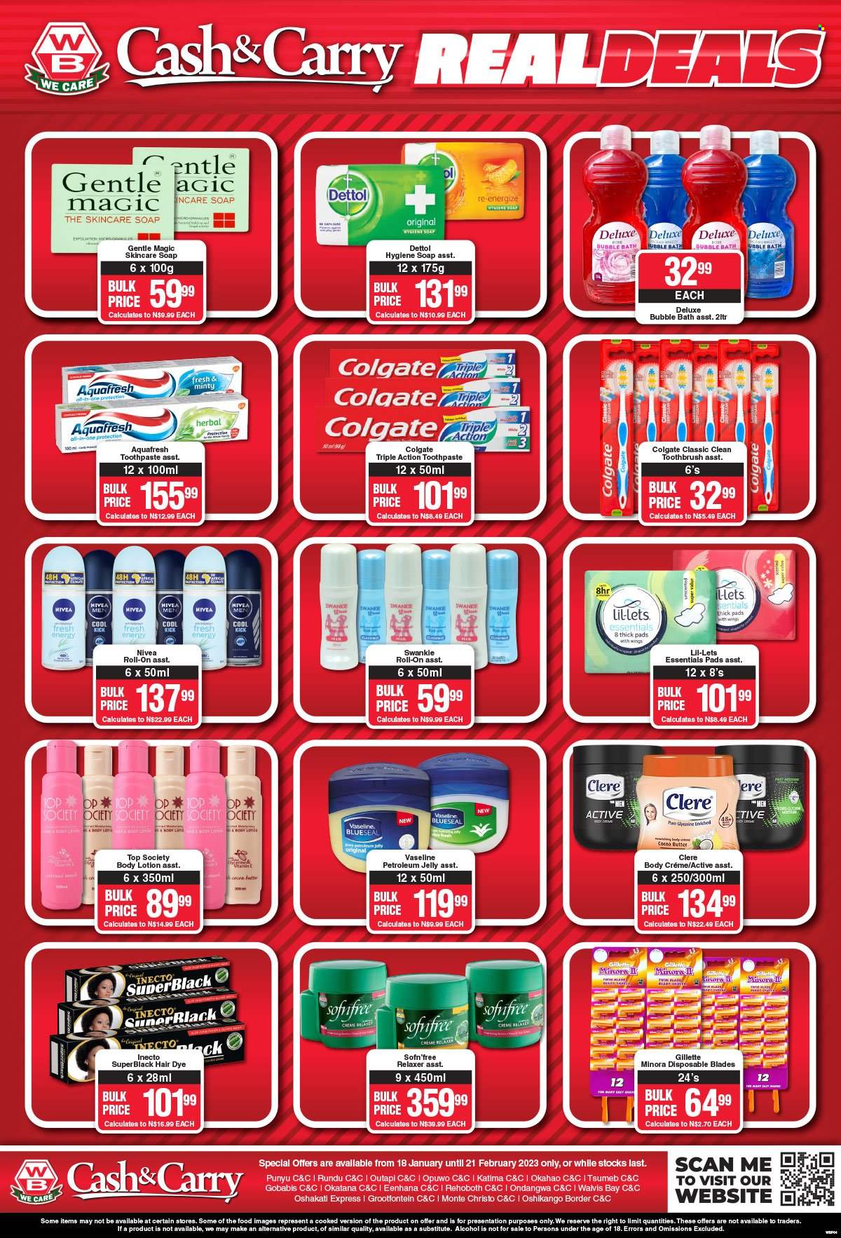 thumbnail - Woermann Brock catalogue  - 18/01/2023 - 21/02/2023 - Sales products - pears, alcohol, Dettol, bubble bath, Nivea, Vaseline, soap, Colgate, toothbrush, toothpaste, Lil-lets, petroleum jelly, Gentle Magic, relaxer, body lotion, Clere, Top Society, roll-on, Swankie, Gillette. Page 5.