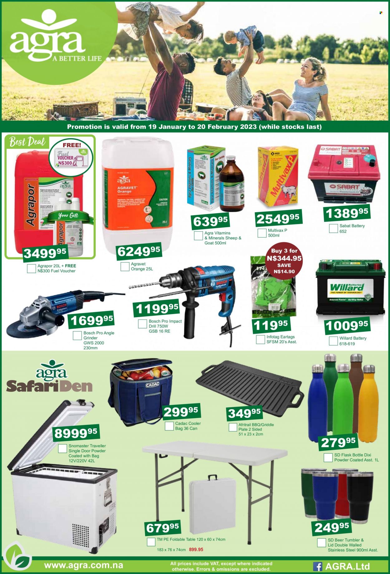 thumbnail - Agra catalogue  - 19/01/2023 - 20/02/2023 - Sales products - bag, battery, Bosch, door, drill, grinder, angle grinder, table. Page 1.
