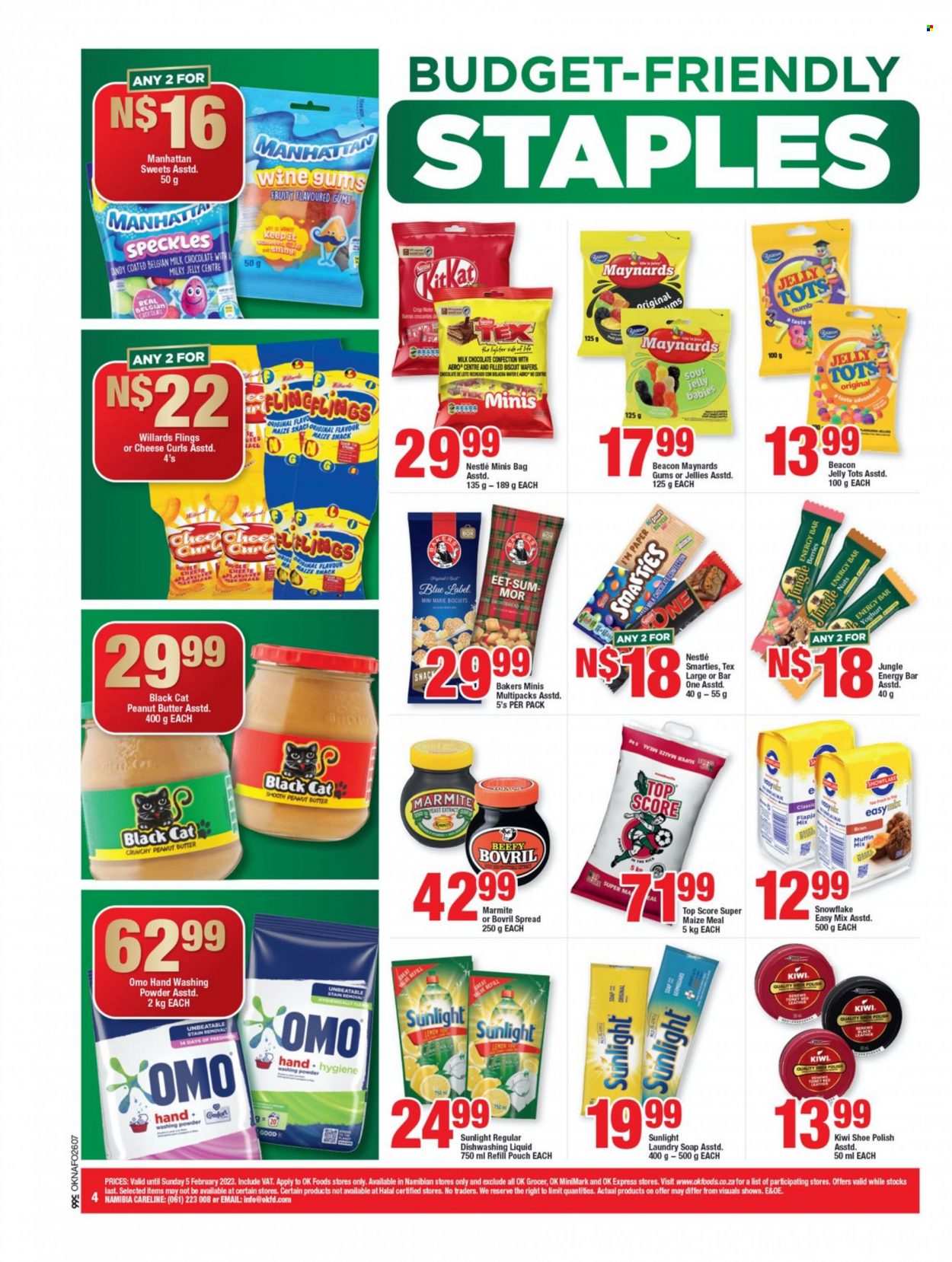 OK catalogue  - 20/01/2023 - 05/02/2023 - Sales products - muffin mix, kiwi, cod, yoghurt, yeast, milk chocolate, Nestlé, wafers, chocolate, snack, Smarties, biscuit, maize snack, maize meal. Page 4.