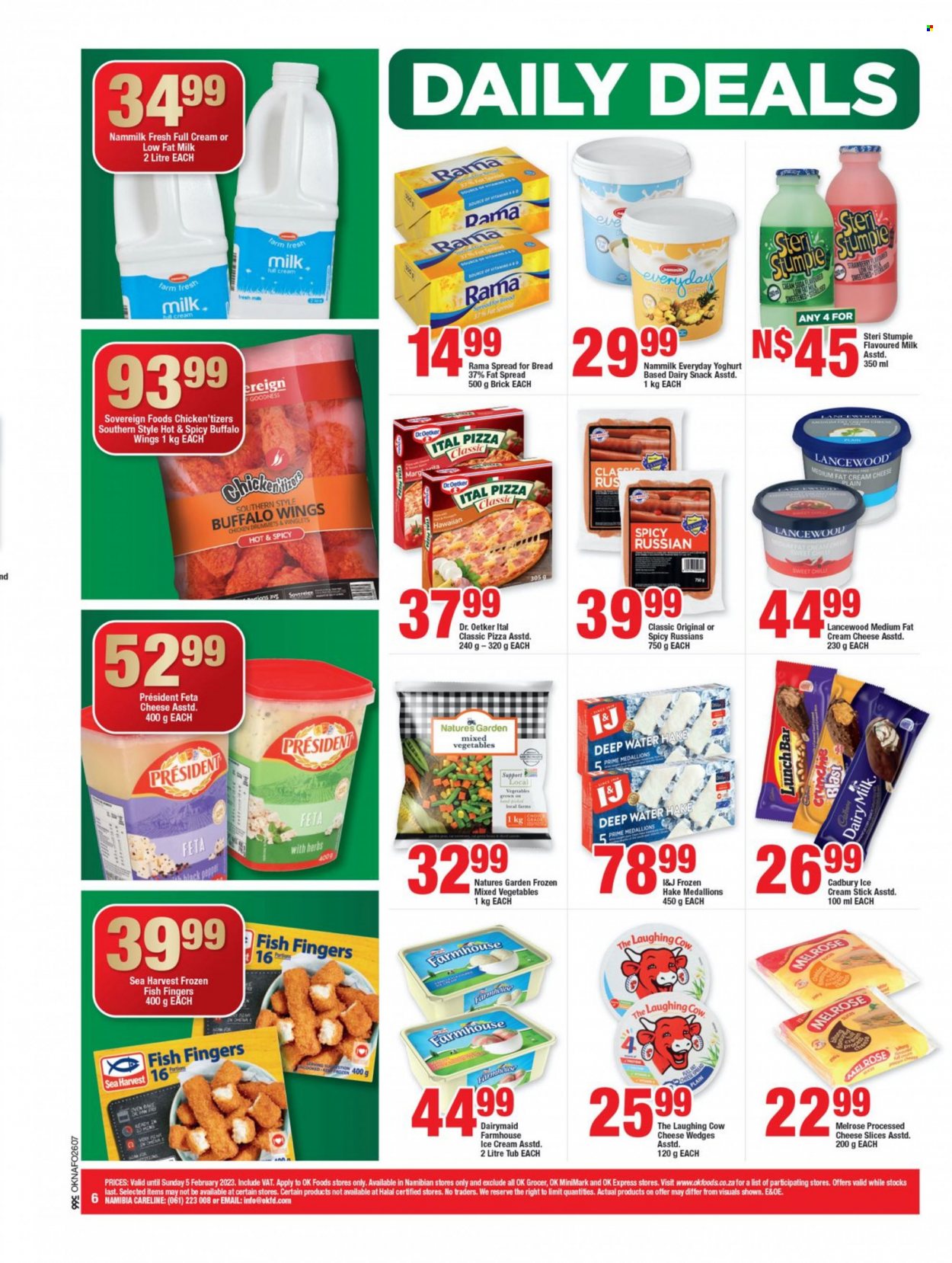 thumbnail - OK catalogue  - 20/01/2023 - 05/02/2023 - Sales products - bread, hake, fish, fish fingers, Sea Harvest, fish sticks, pizza, Russians, cream cheese, sliced cheese, The Laughing Cow, Dr. Oetker, Lancewood, Président, feta, Melrose, yoghurt, milk, flavoured milk, Steri Stumpie, fat spread, Rama, ice cream, mixed vegetables, Natures Garden, Ital Pizza, snack, Cadbury, black pepper. Page 6.