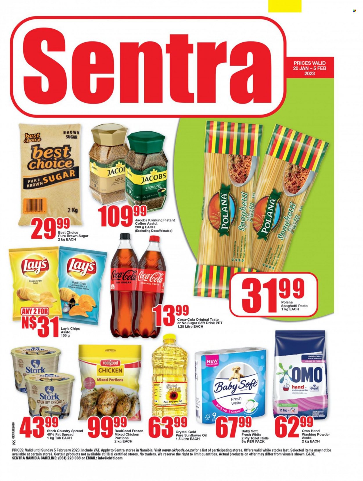 OK catalogue  - 20/01/2023 - 05/02/2023 - Sales products - spaghetti, pasta, fat spread, potato chips, Lay's, cane sugar, balsamic vinegar, sunflower oil, oil, Coca-Cola, soft drink, coffee, instant coffee, Jacobs, Jacobs Krönung. Page 1.