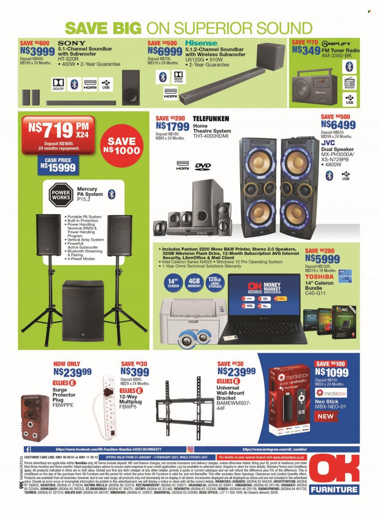 OK Furniture catalogue  - 23/01/2023 - 05/02/2023 - Sales products - Sony, Hisense, Android TV, Toshiba, JVC, radio, home theater, speaker, subwoofer, wireless subwoofer, sound bar, AVG. Page 8.