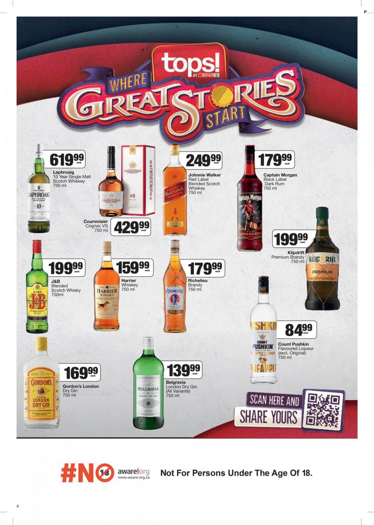 thumbnail - SPAR catalogue  - 24/01/2023 - 06/02/2023 - Sales products - brandy, Captain Morgan, cognac, gin, liqueur, rum, whiskey, Johnnie Walker, Gordon's, Harrier, Richelieu, Klipdrift, Belgravia, scotch whisky, whisky. Page 6.