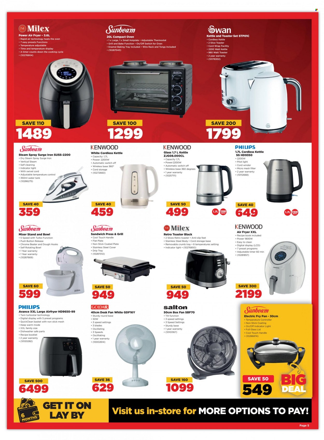 HiFiCorp catalogue  - 25/01/2023 - 31/01/2023 - Sales products - Philips, compact oven, desk fan, wall fan, Sunbeam, mixer, air fryer, Kenwood, toaster, sandwich press, kettle, iron. Page 5.