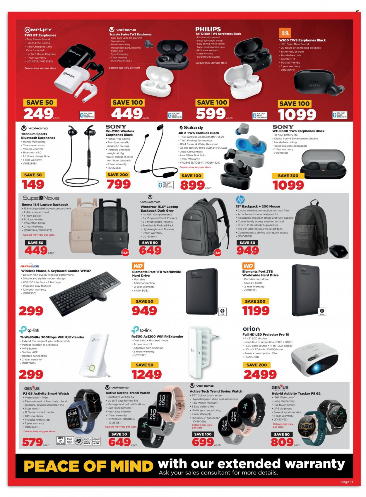 HiFiCorp catalogue  - 25/01/2023 - 31/01/2023 - Sales products - Philips, Hewlett Packard, Sony, tp-link, phone, activity tracker, smart watch, pedometer, hard disk, WD, mouse, keyboard, portable hard drive, laptop backpack, projector, JBL, Skullcandy, earbuds, Volkano. Page 11.